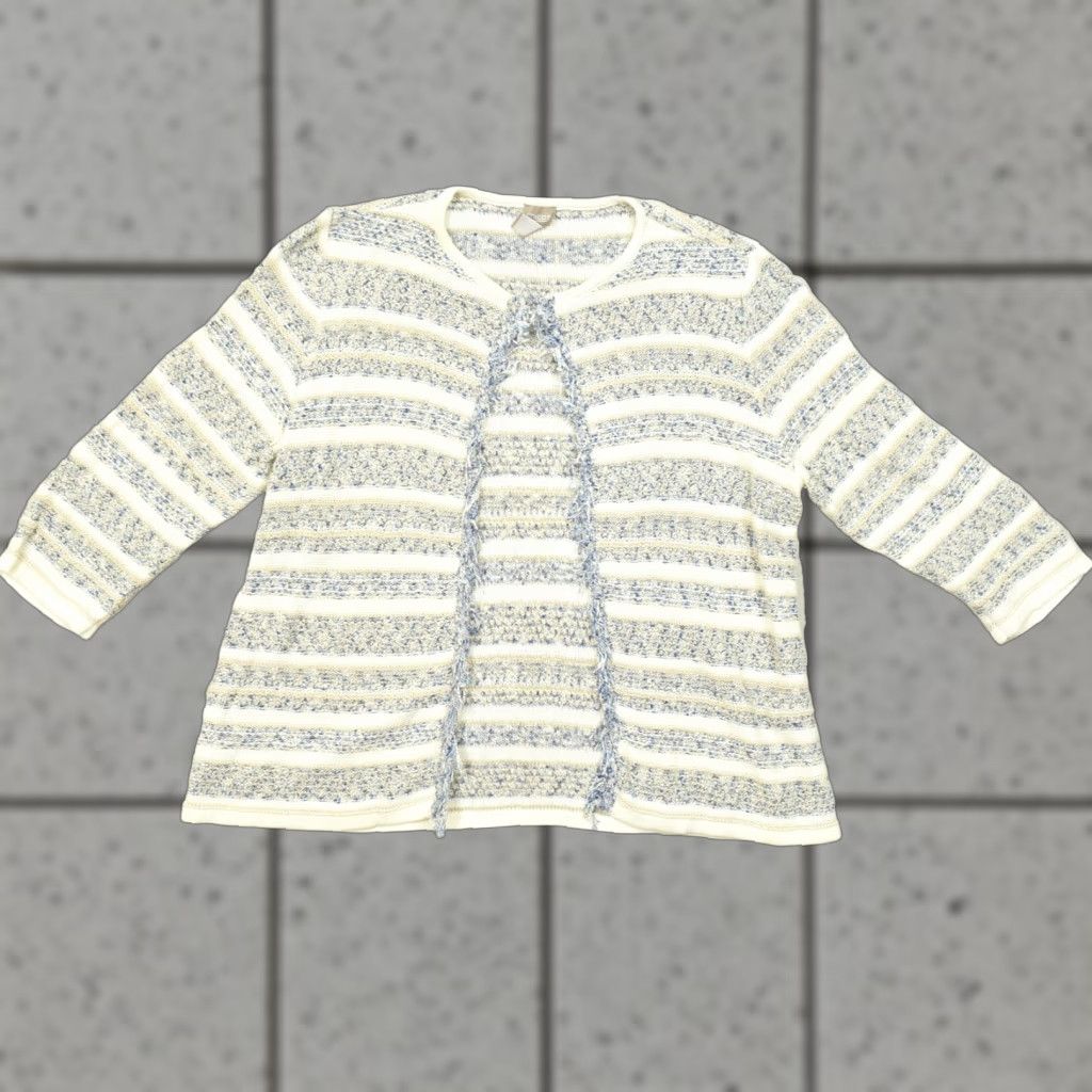 Vintage Chico's Cardigan Women Open Front Fringe Trim Striped Knit Blue Cream Size 3 Sweater - Regular Fit, Crew Neck, Long Sleeve Size XS / US 0-2 / IT 36-38 - 1 Thumbnail