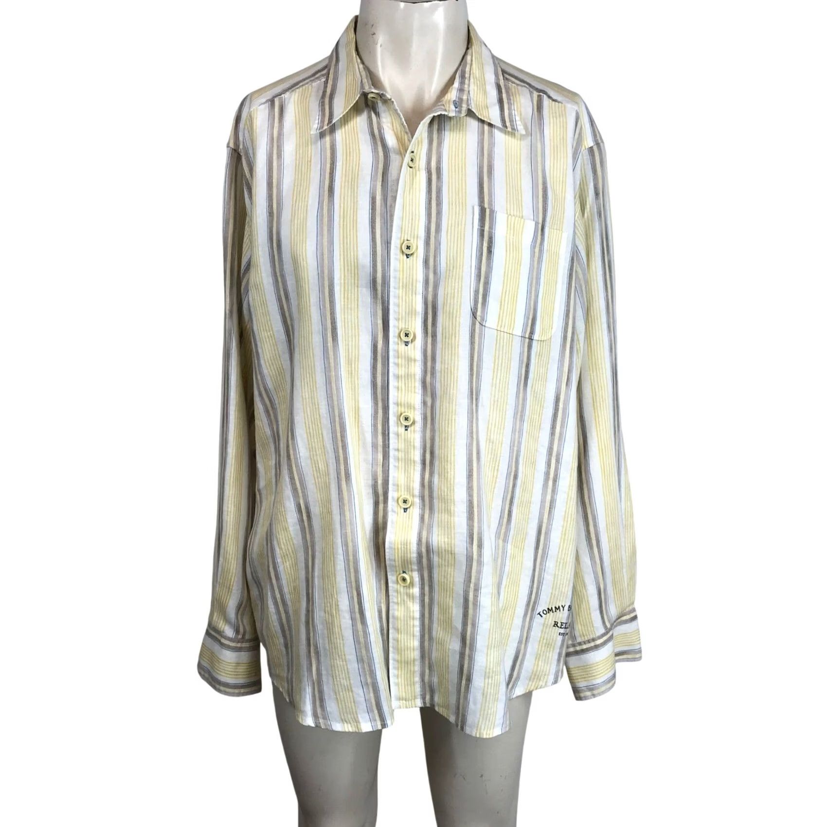 Tommy Bahama VINTAGE Tom​my Bahama Relax Striped Long Sleeve Button-Up Linen Shirt Yellow Blue XL Mens Size US XL / EU 56 / 4 - 2 Thumbnail