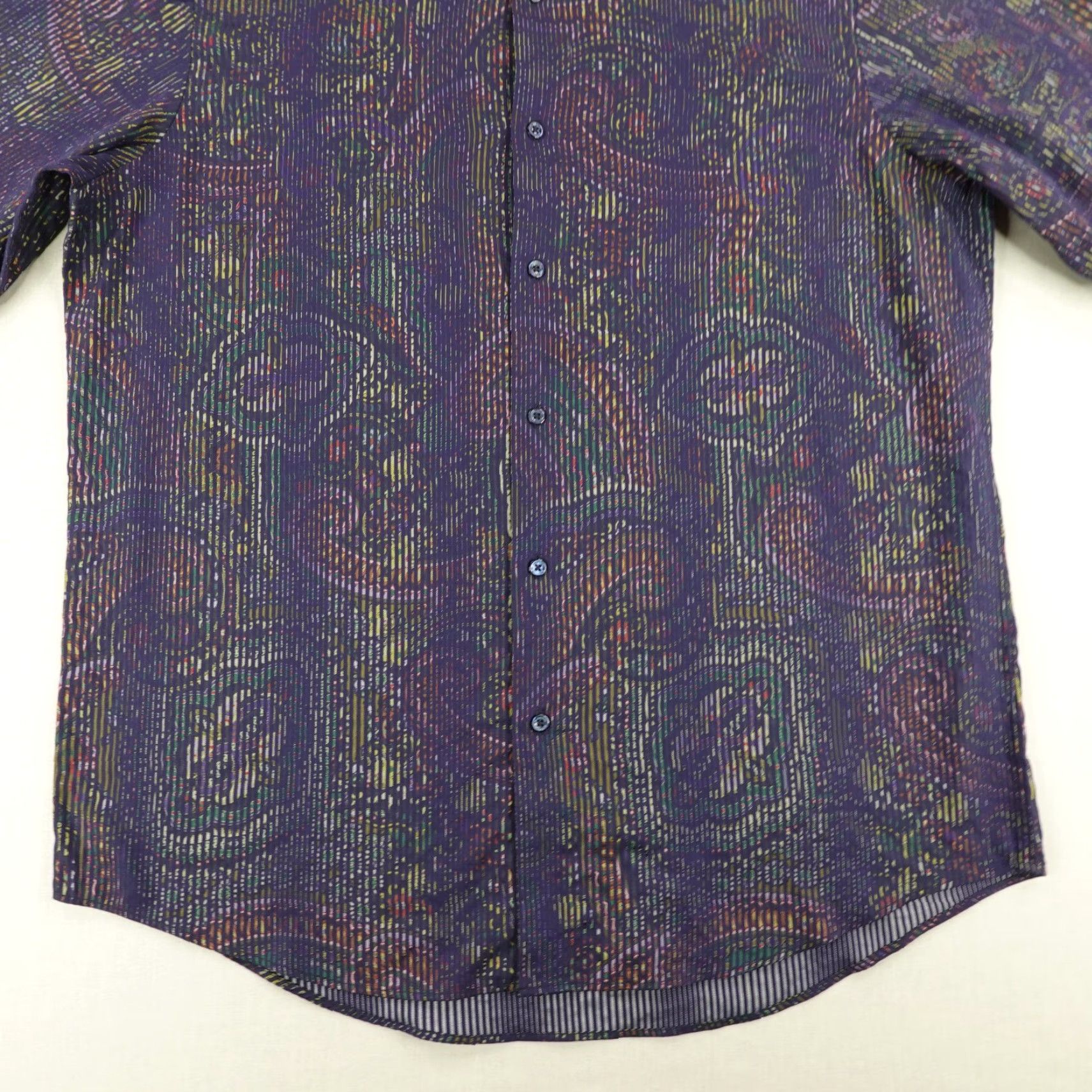 BUGATCHI VINTAGE Bugatchi Uomo Shirt Men XL Purple Green Stripes Paisley Button-Up Short Sleeve Casual Classic Mens XL Purple Paisley 90s Style Size US XL / EU 56 / 4 - 3 Thumbnail