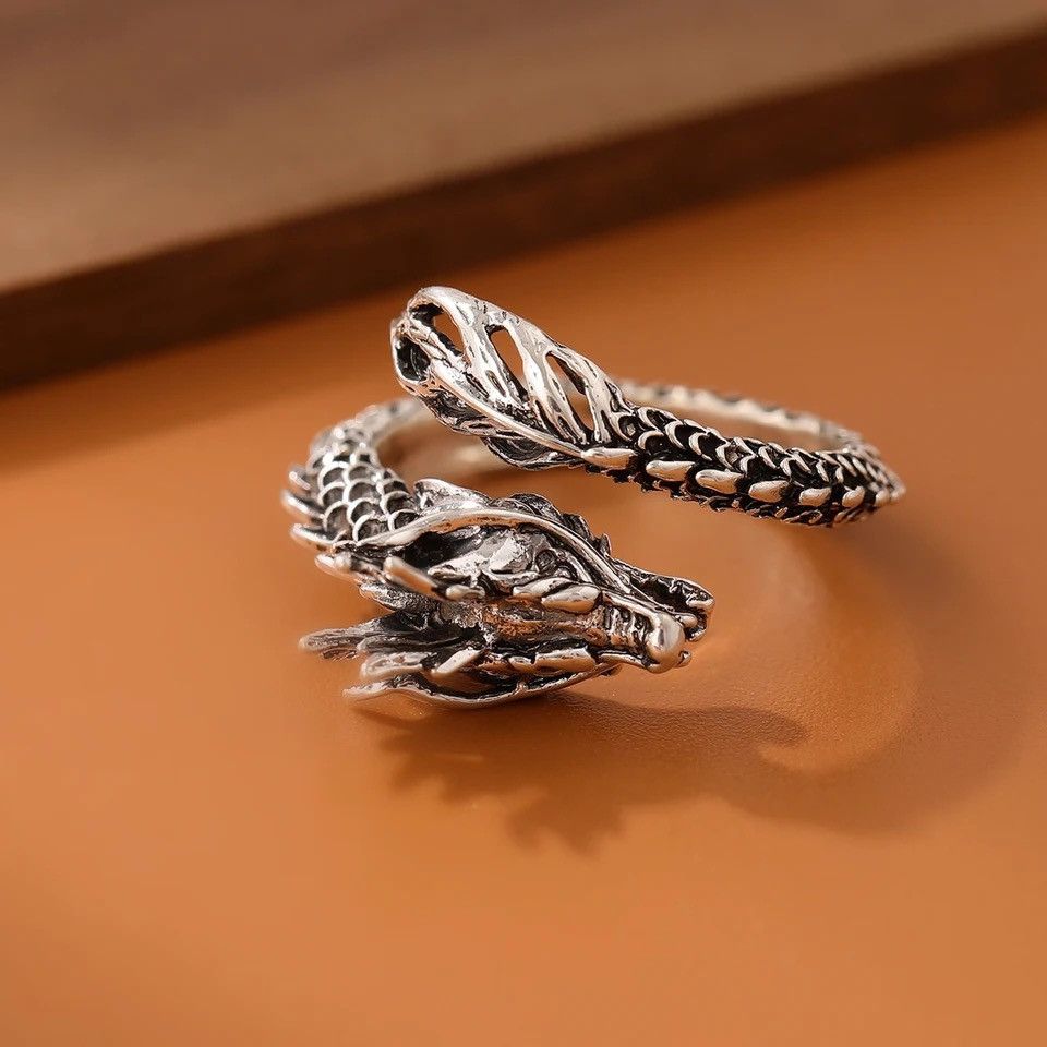 Jewelry × Vintage Domineering Dragon Silver Plate Zodiac Opening Rings Size ONE SIZE - 2 Thumbnail