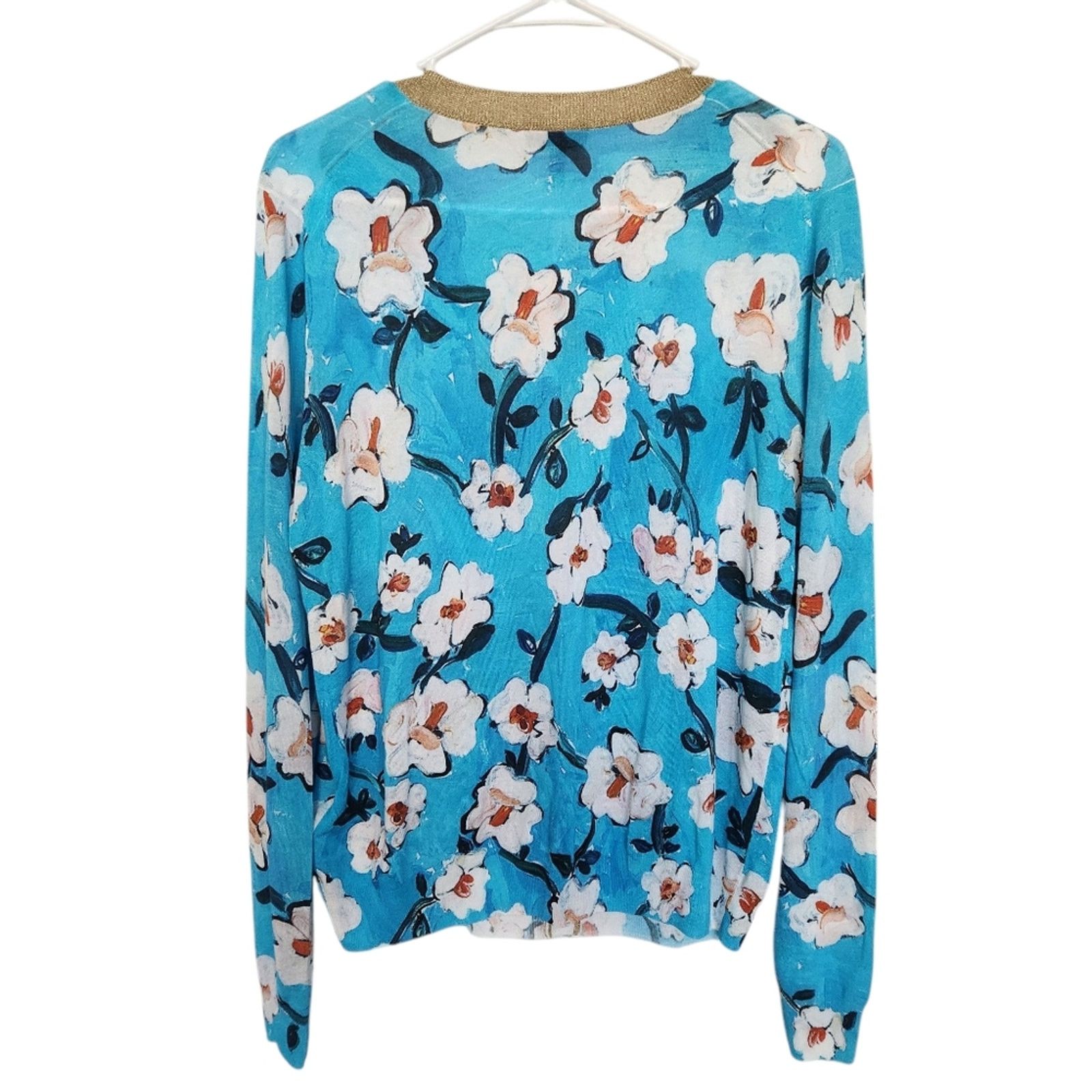Escada ESCADA Siemara Lurex Trim Floral Cardigan In Blue Designer Size L / US 10 / IT 46 - 2 Thumbnail