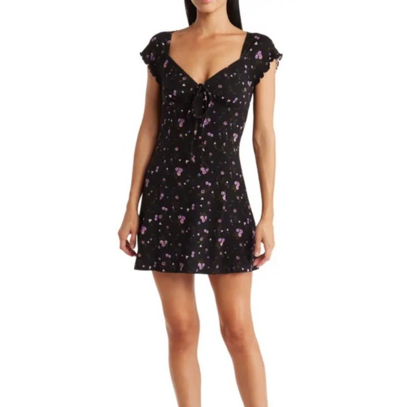 Other Abound Mini Dress V-Neck Tie Front Floral Black/Purple M NWT Size M / US 6-8 / IT 42-44 - 1 Thumbnail