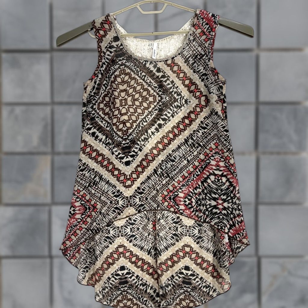 Vintage Studio Y Tank Top S Brown Red Sleeveless High Low Hem Crochet Boho Hippie Bohemian Festival Geometric Shirt Women's Small Size S / US 4 / IT 40 - 1 Thumbnail