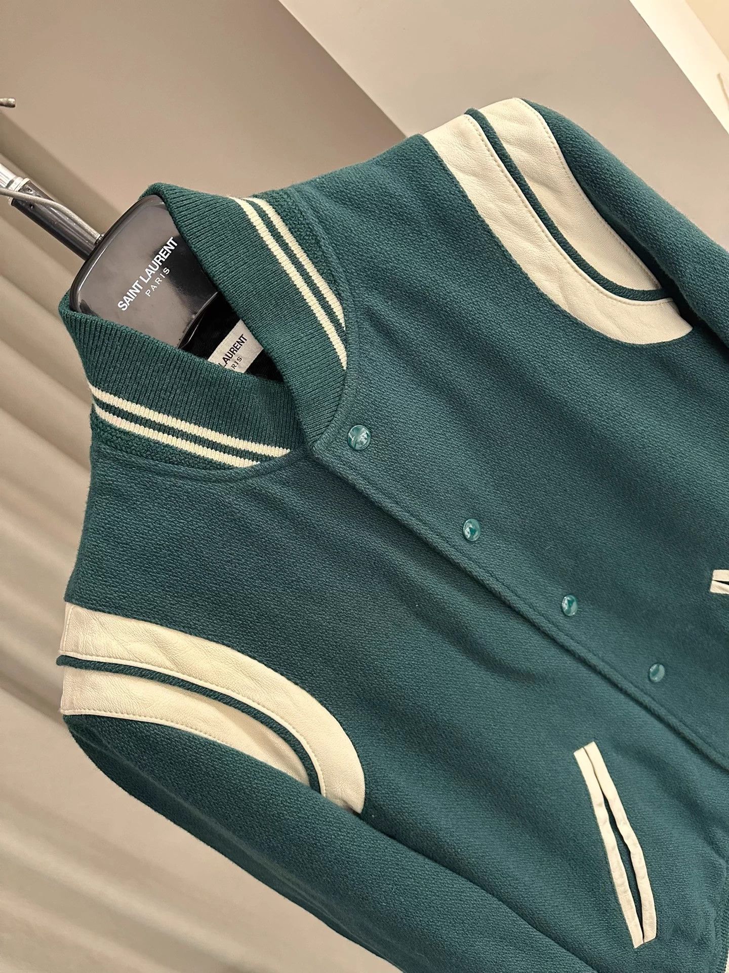 Saint Laurent Paris Saint Laurent SLP Green Wool and Leather Baseball Jacket, Size L / US 10 / IT 46 - 3 Thumbnail