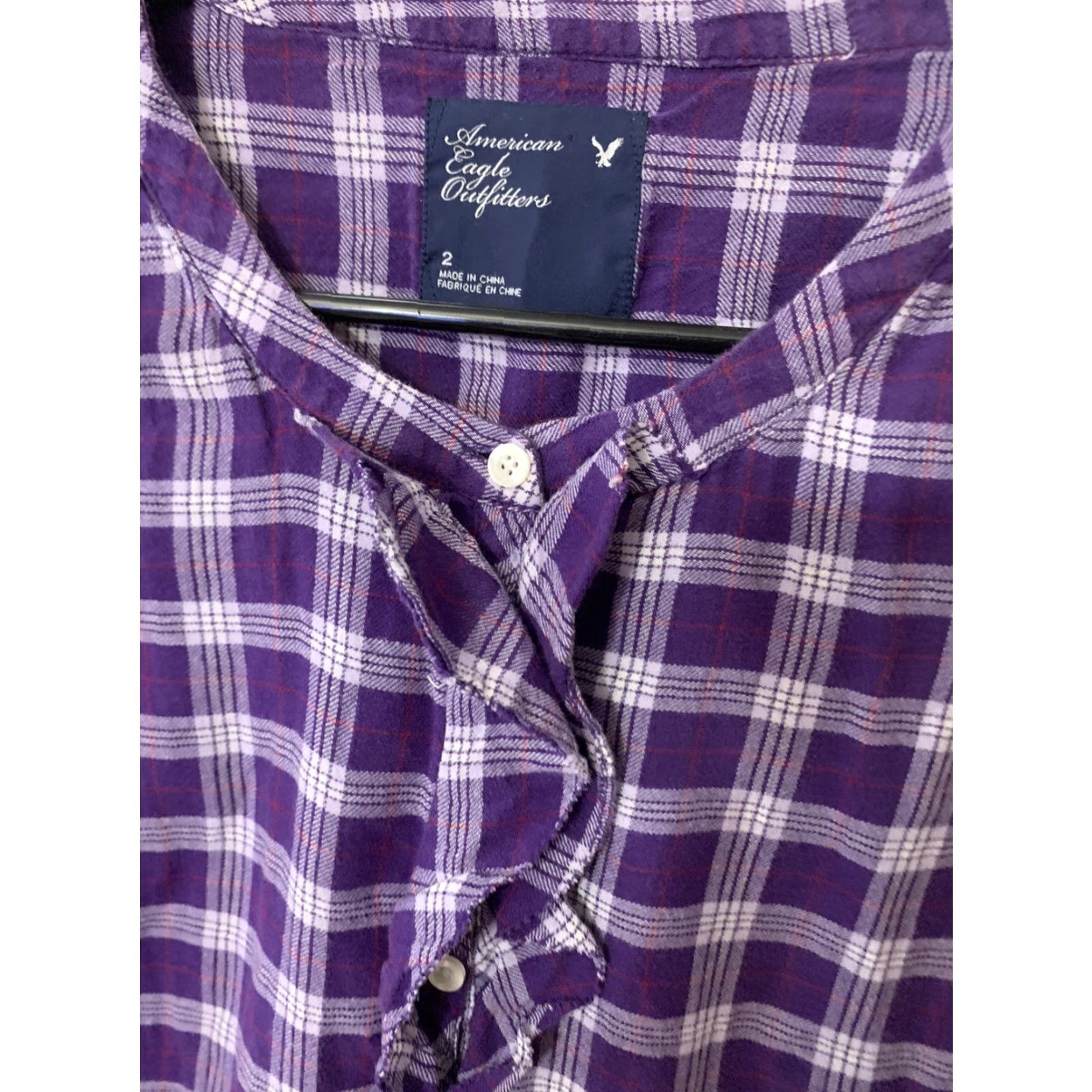 American Eagle Outfitters American Eagle Women's Plaid Blouse Size 2 Purple White 1/2 Button Long Sleeve Classic Fit Size XS / US 0-2 / IT 36-38 - 2 Thumbnail