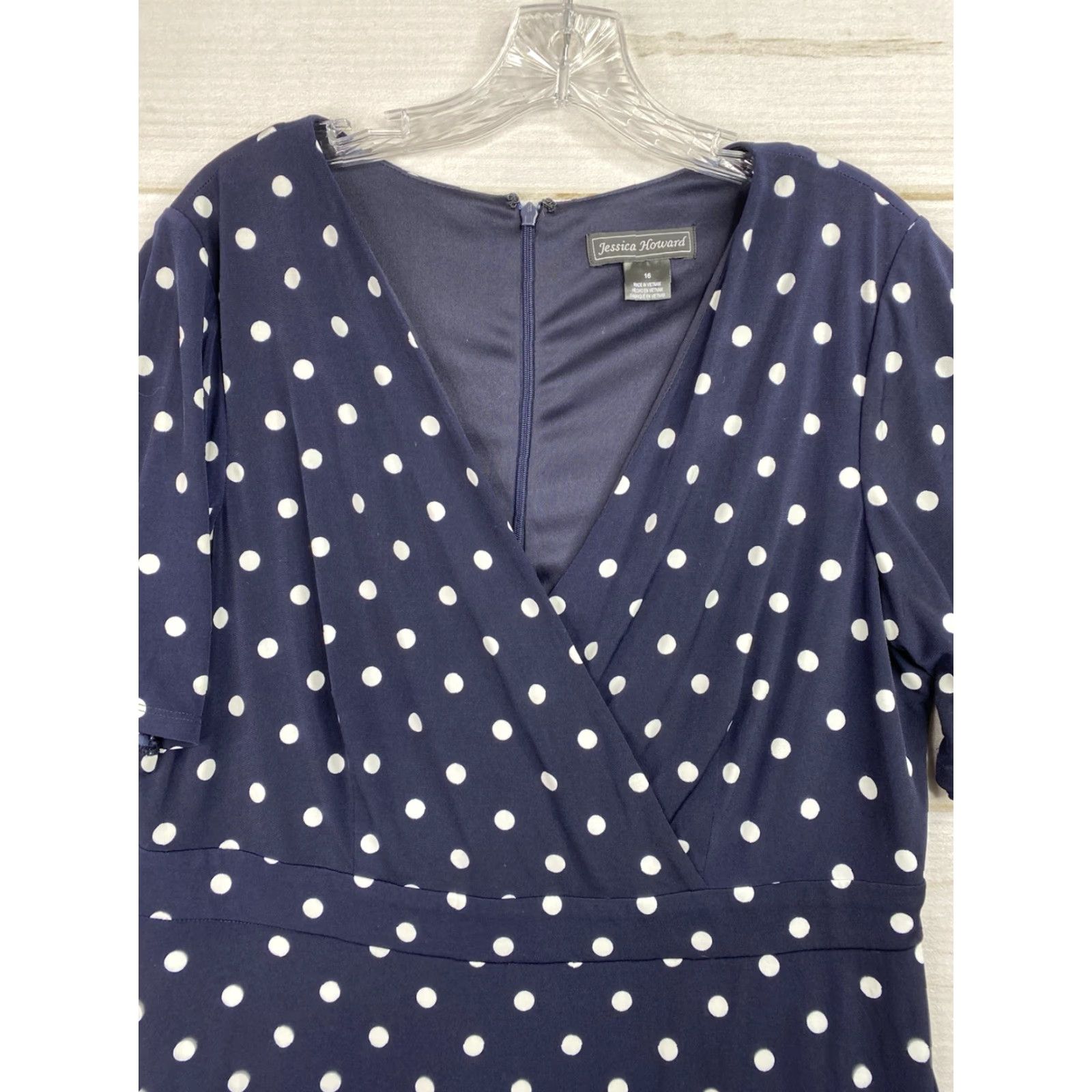 Vintage VINTAGE Jessica Howard Dress Sz 16 Blue Polka Dot Stretch Short Sleeve V Neck Midi Zip Dress Women Regular 16 Blue Polka Dot Classic A-Line Hair? Size 38" / US 16 / IT 52 - 2 Thumbnail