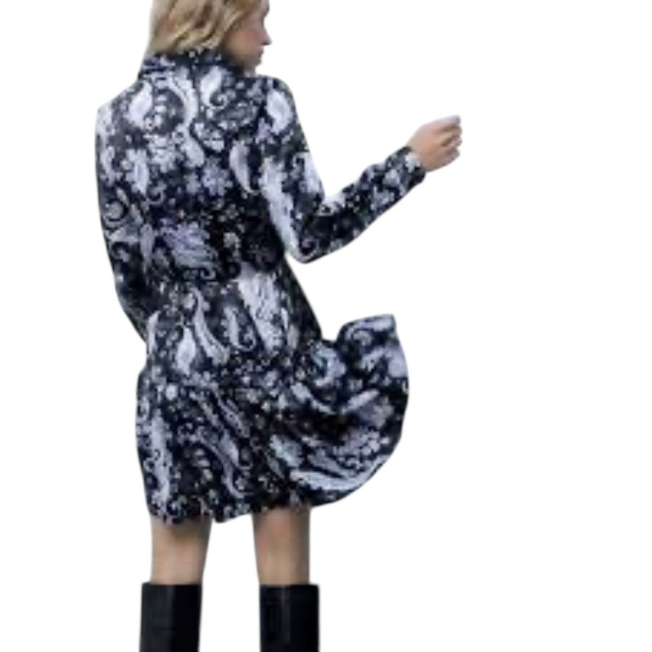 Zara ZARA Blue Black Printed Flounced Shirt Dress M Mini Belted Size M / US 6-8 / IT 42-44 - 3 Thumbnail