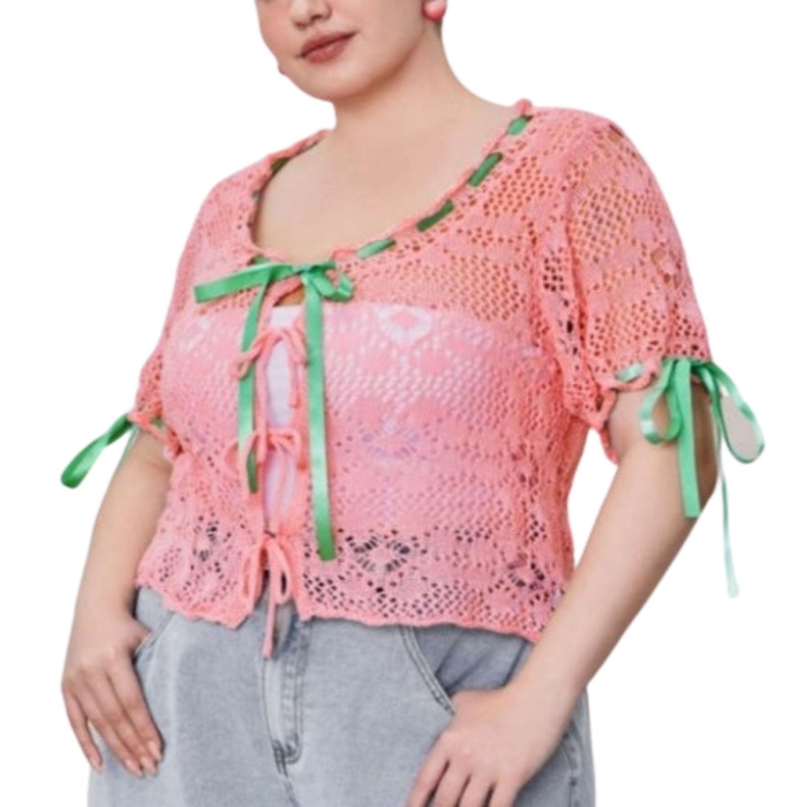 Cider ADORABLE ☆ RIBBONS & CROCHET ☆ PINK & GREEN CARDI ☆ 4xl NWT Size 4XL / US 24-26 - 4 Thumbnail