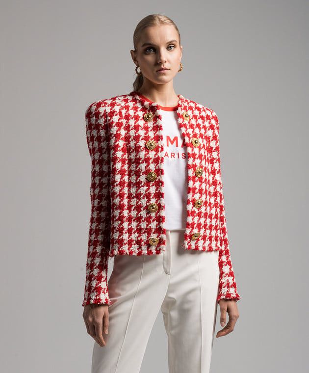 Balmain o1s1wg110825 Tweed Hundstooth jacket in Red/White Size L / US 10 / IT 46 - 4 Thumbnail