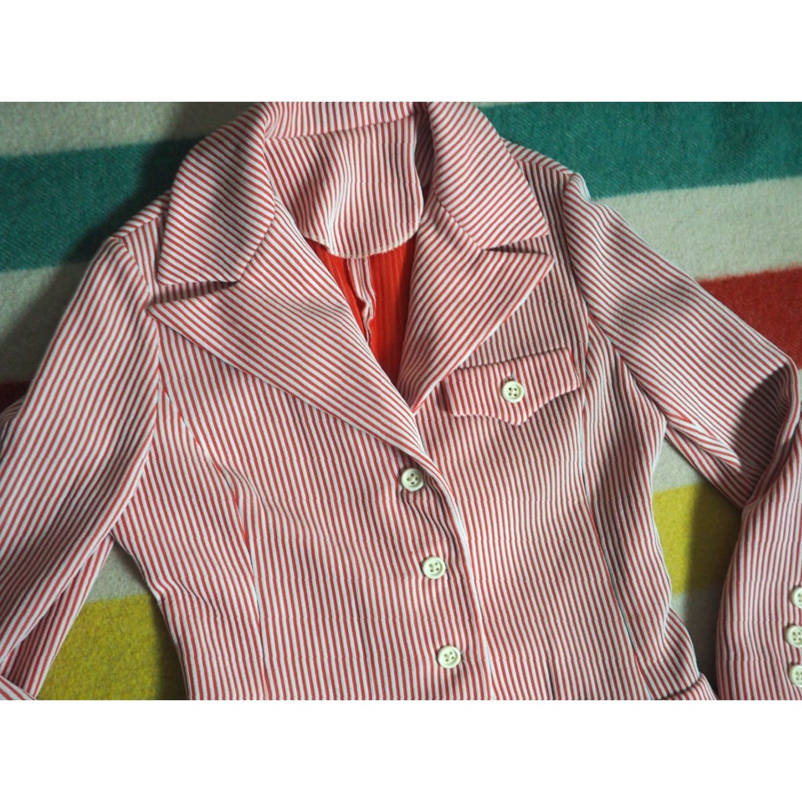 Vintage VTG 60s 70s Couture Weathervane Orange White Hippy Poly Blazer Jacket Womens S Size S / US 4 / IT 40 - 2 Thumbnail