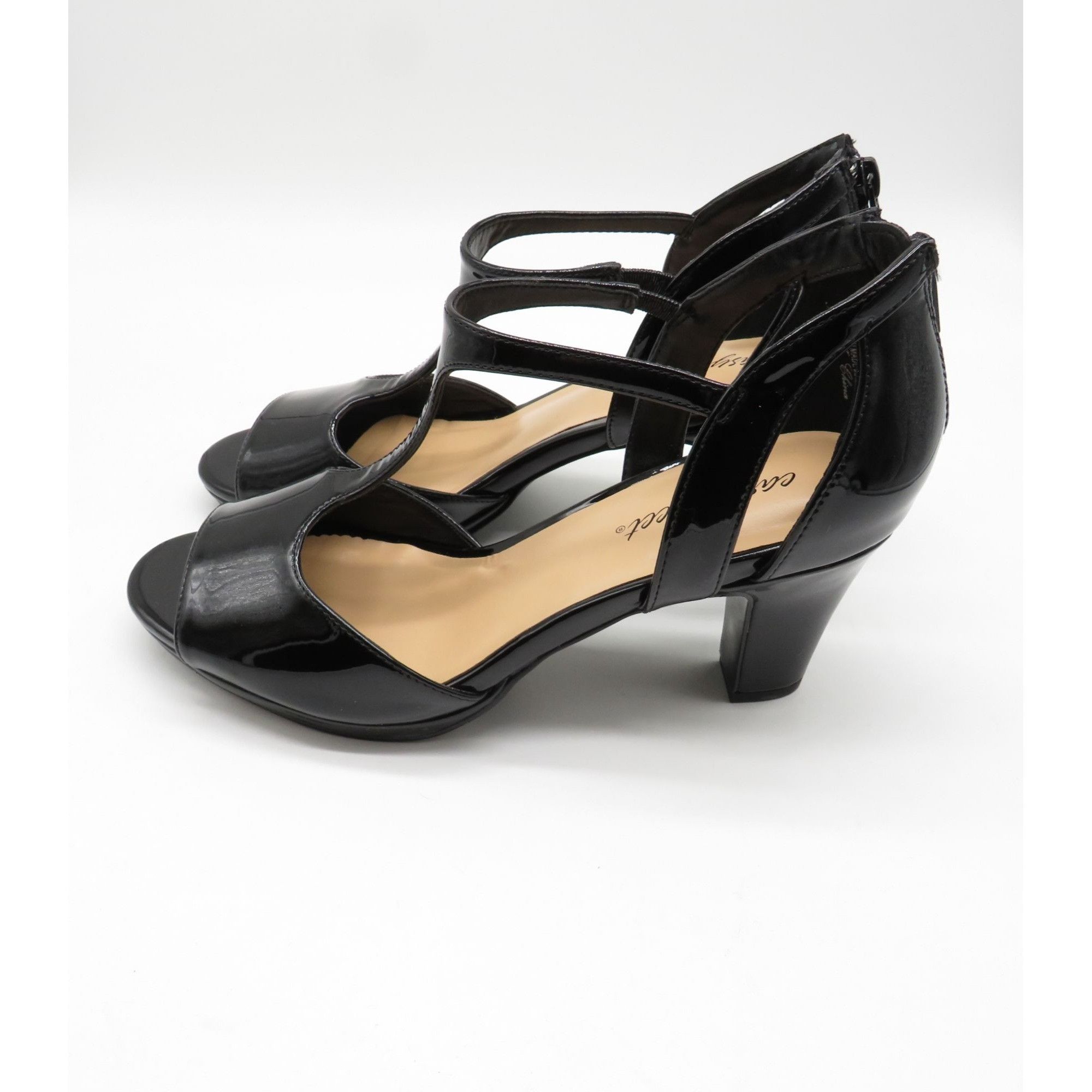 Other Easy Street Black Patent Leather Open Toe Heels Back Zipper Size US 9.5 / IT 39.5 - 4 Thumbnail
