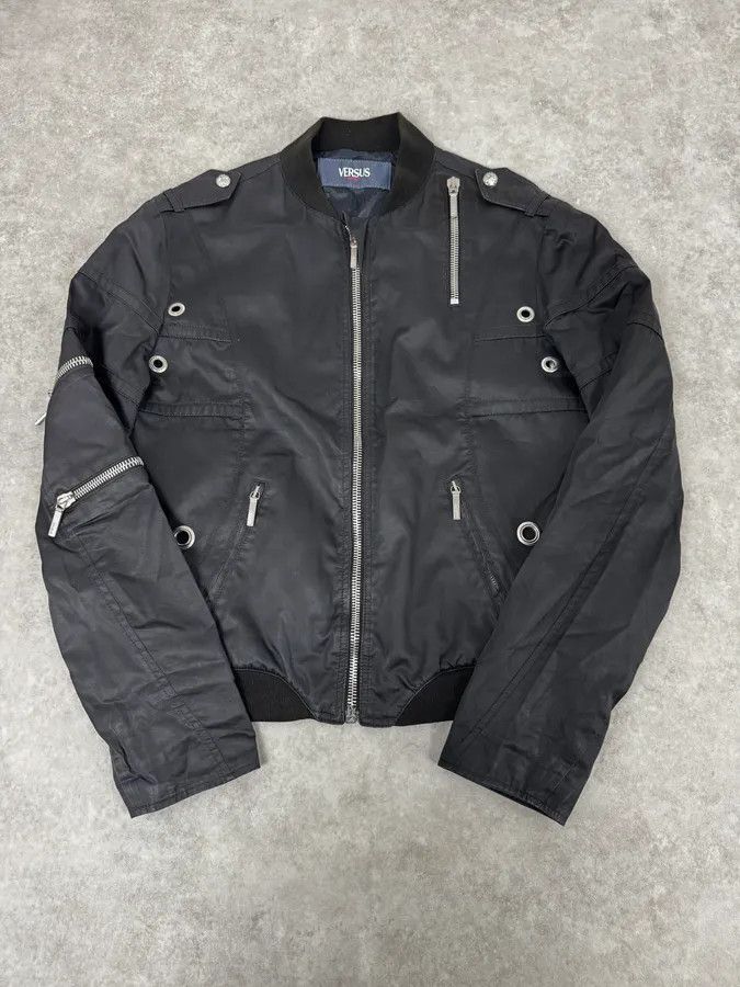 2000s Versace Black Eyled Multi Zips Jacket