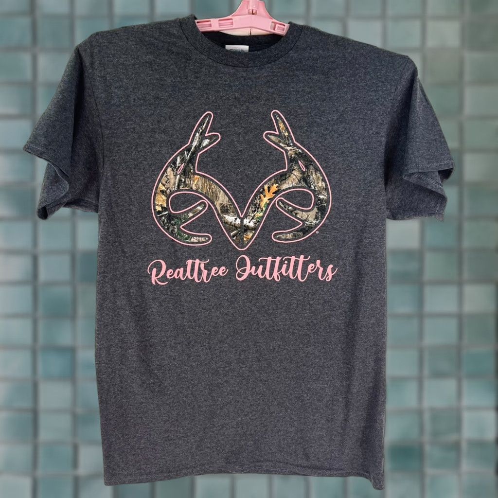 Delta VINTAGE Real Tree Outfitters Womens M Gray Pink Graphic Antler Logo Shirt Size M / US 6-8 / IT 42-44 - 1 Thumbnail