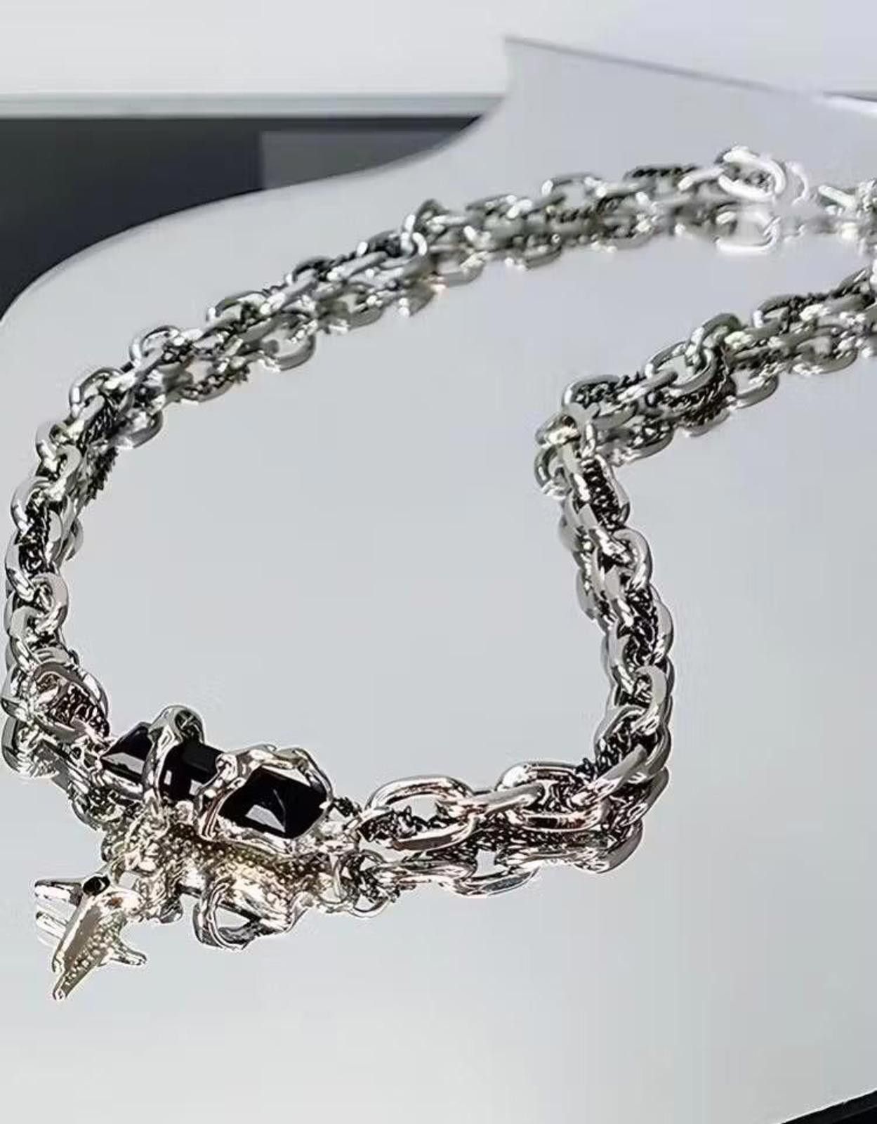 Jewelry Silver chain necklace steel with Obsidian stone gem cross Size ONE SIZE - 1 Thumbnail