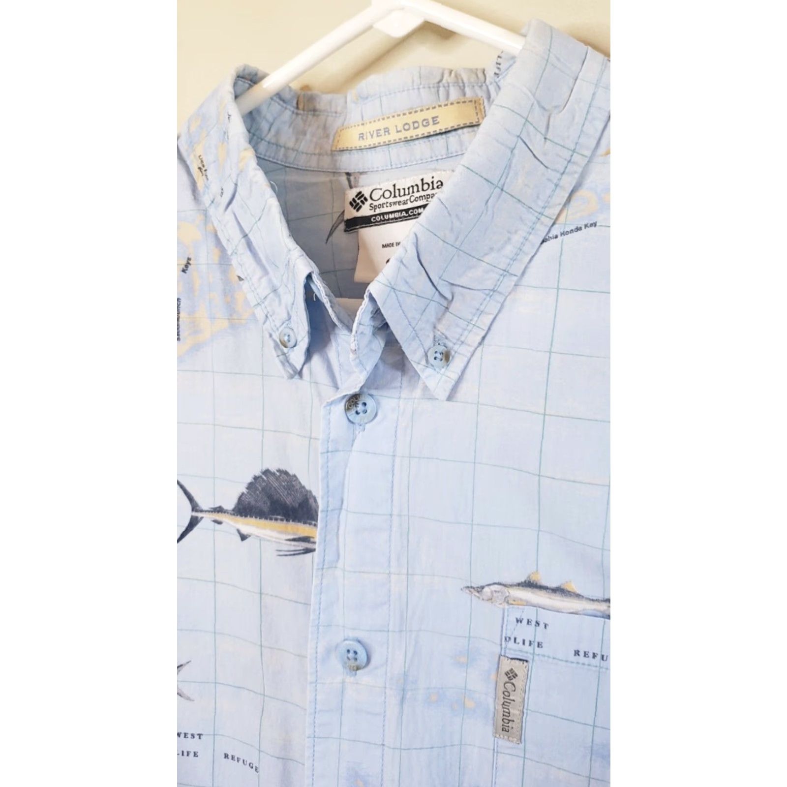 Vintage Columbia River Lodge Men's Blue Shirt Button Front Short Sleeve Sea Fish Key W Pattern: Fishing Size US L / EU 52-54 / 3 - 6 Thumbnail