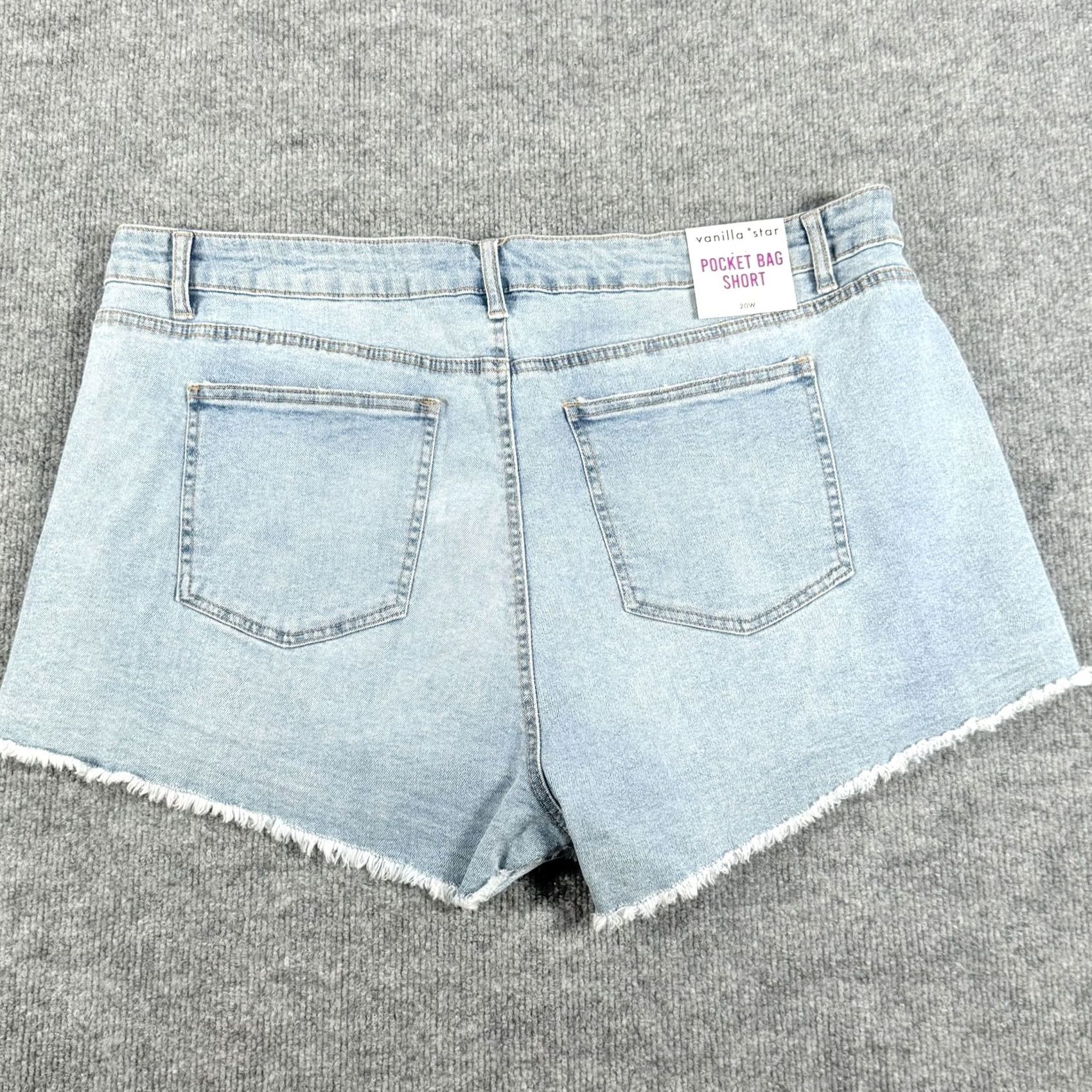 Vintage Vanilla Star Shorts Womens 20W Light Wash Denim Crochet Trim Frayed Pocket Bag Baggy Vintage Style Casual Festival Bohemian Travel Womens 20W Size 42" / US 20 - 8 Thumbnail