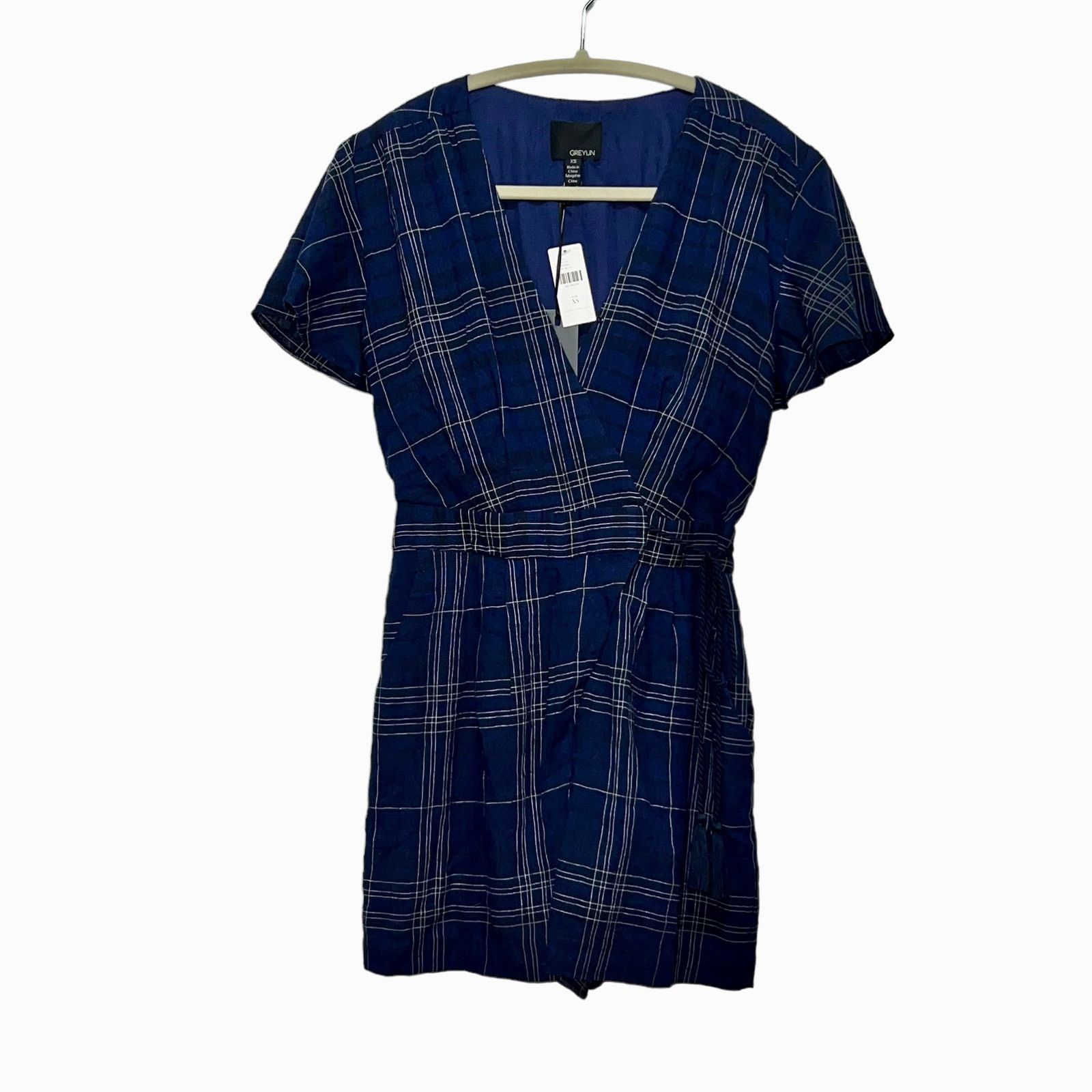 Anthropologie Anthropologie Greylin Kate Wrap Frt Navy Plaid Romper XS NWT Size 27" / US 4 / IT 40 - 3 Thumbnail