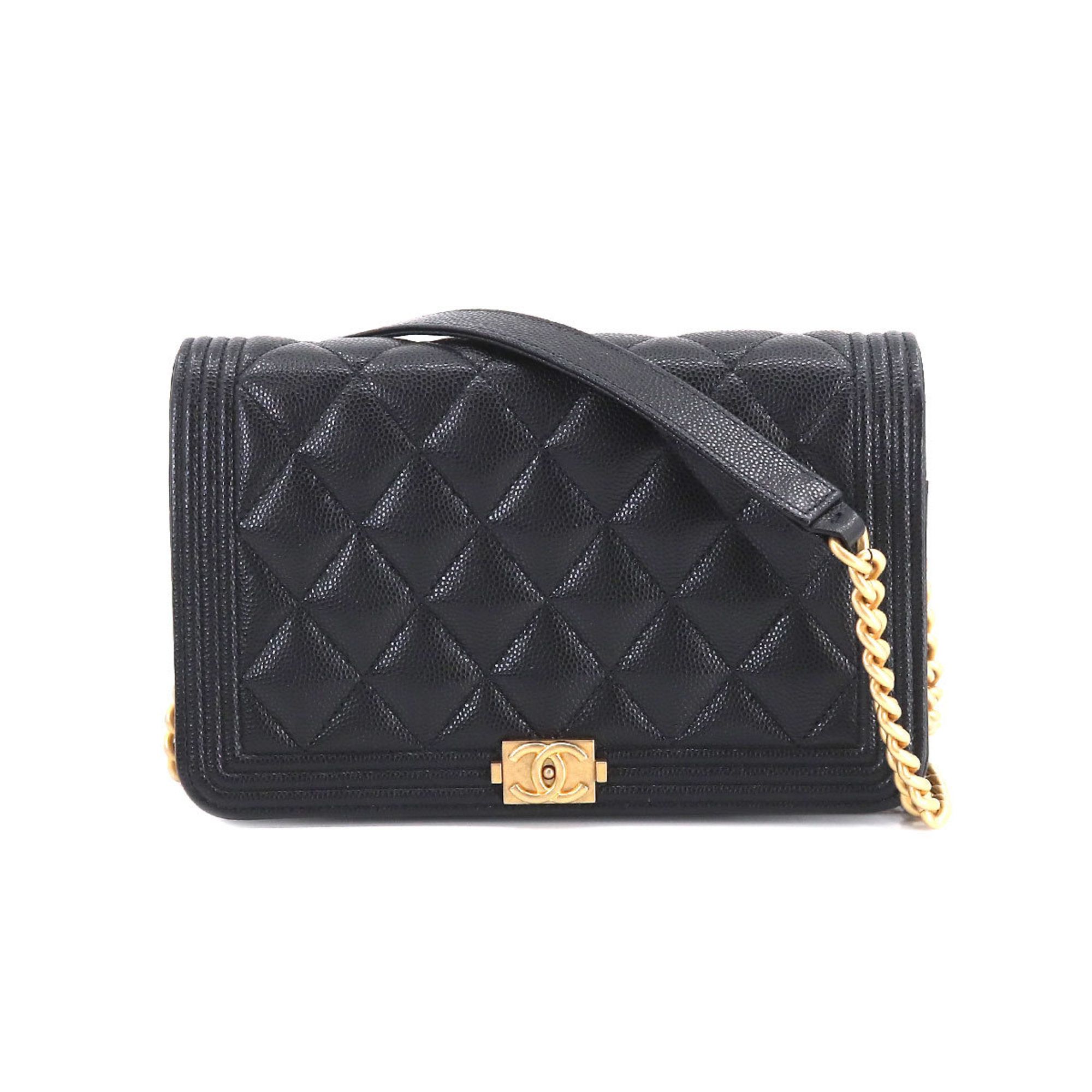 Chanel Chanel here mark tri-fold wallet caviar skin black ladies