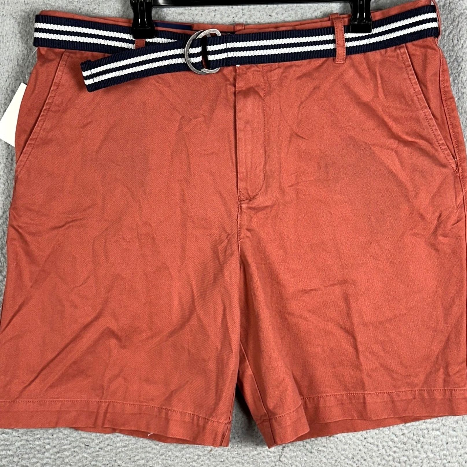 Izod IZOD Shorts Mens 38 Flat Front Chino Short Salmon Orange Belted Pockets Navy/White Striped Belt Casual Summer Nautical Mens Size US 38 / EU 54 - 2 Thumbnail
