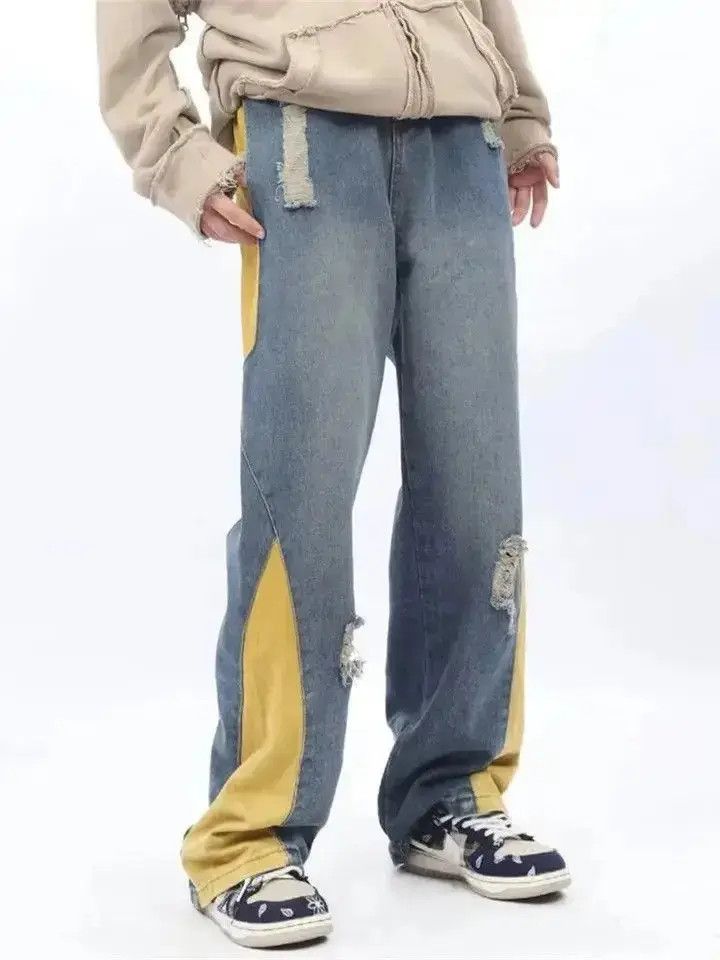 Japanese Brand Cyber Y2K Fashion Contrast Color Spliced Baggy Ripped Jeans Size US 32 / EU 48 - 5 Thumbnail