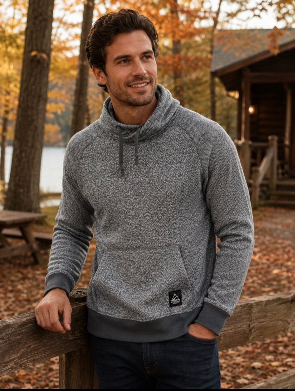 American Eagle Outfitters Men's American Eagle Gray Herringbone Cowl Neck Sweatshirt M Size US M / EU 48-50 / 2 - 1 Thumbnail