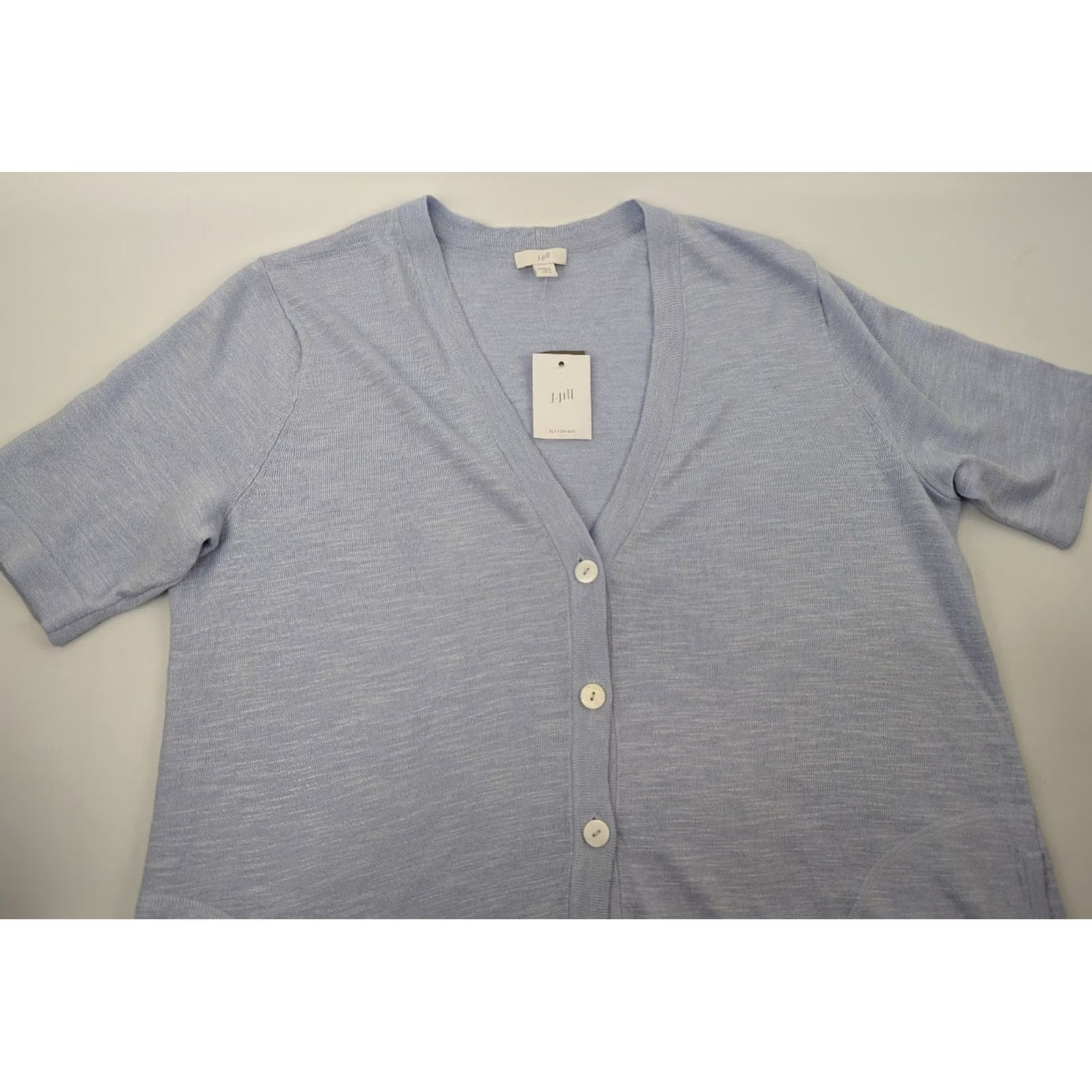 J. Jill NWT J. Jill Linen Blend Short Sleeve V-Neck Cardigan Pockets Pale Blue Size MP Women's Cardigan Linen Blend Size M / US 6-8 / IT 42-44 - 2 Thumbnail