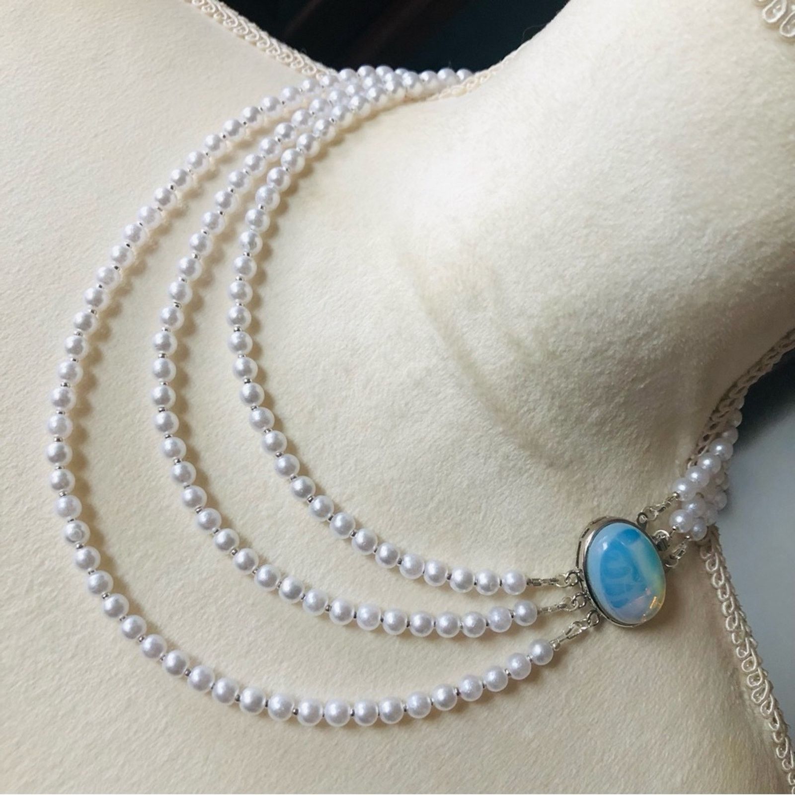 Handmade Handcrafted triple strand white pearl opalite clasp necklace Size ONE SIZE - 1 Thumbnail