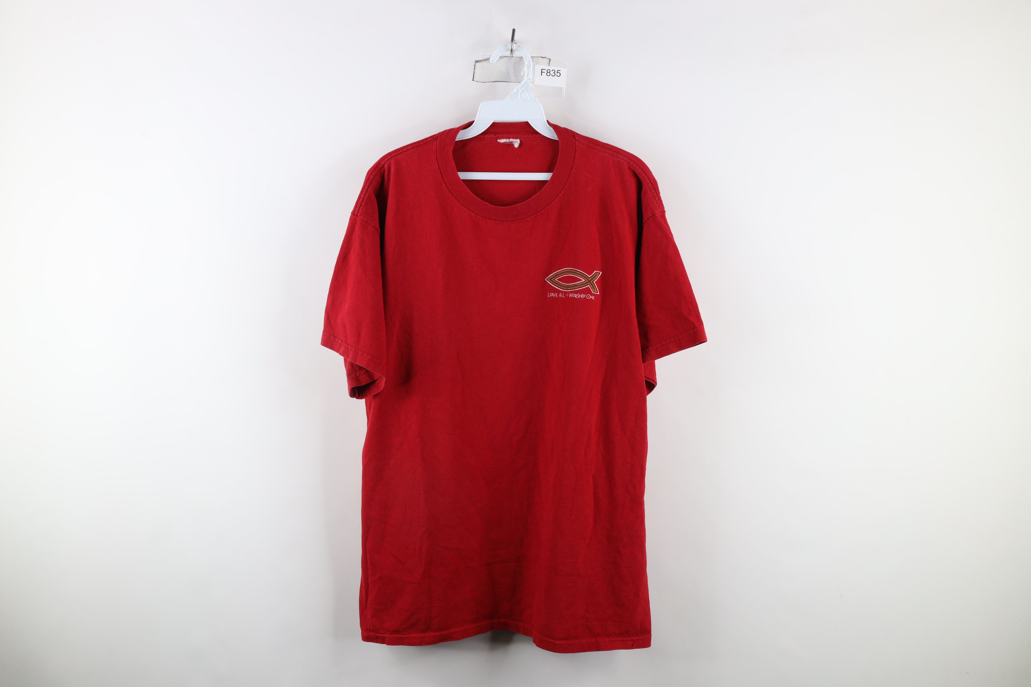 Vintage Vintage 90s Love All Worship One Jesus Fish T-Shirt Red Size US XL / EU 56 / 4 - 1 Thumbnail