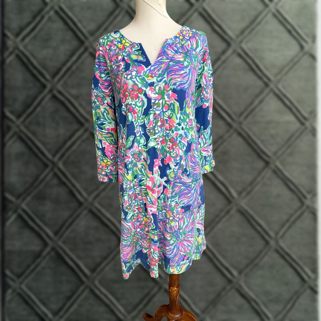 Lilly Pulitzer Lilly Pulitzer Justina Exotic Escapade Dress Shirt Womens Midi V-Neck 3/4 Sleeve Pockets Multicolor Floral XS S Size S / US 4 / IT 40 - 1 Thumbnail