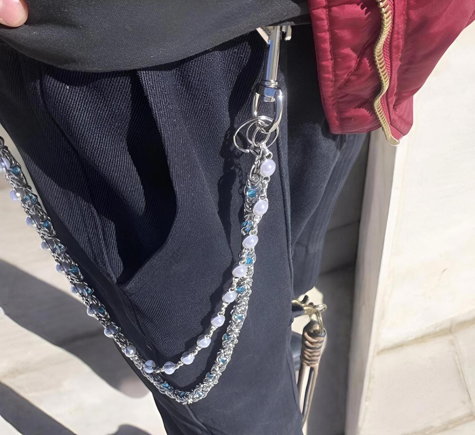 Jewelry Double Layered Pearl Wallet Chain, Gemstone Pants Chain in Silver, Men's
