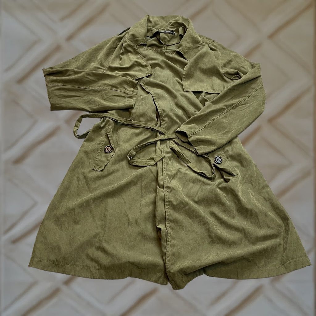 Vintage Elena Fashion Jacket Womens M Green Trench Coat Belted Soft Button Pockets Size M / US 6-8 / IT 42-44 - 1 Thumbnail