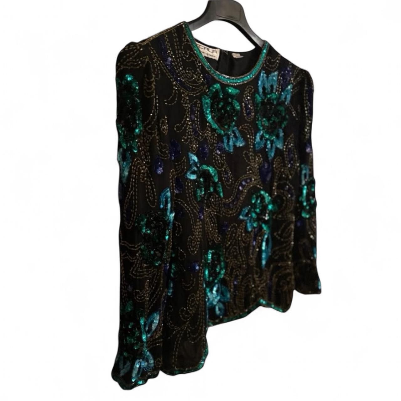 Other SCALA 80s Black Teal Silk Beads Sequins Floral Formal Blouse Size XL / US 12-14 / IT 48-50 - 2 Thumbnail