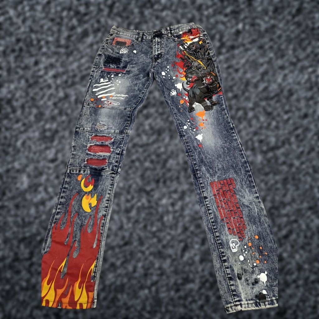 Reason REASON Supply Co. Jeans Men 31 Stretch Graphic Paint Denim Zip 32 Inseam Multicolor Medium Wash Distressed Logo Pockets Straight Across Seasons Size US 31 - 1 Thumbnail