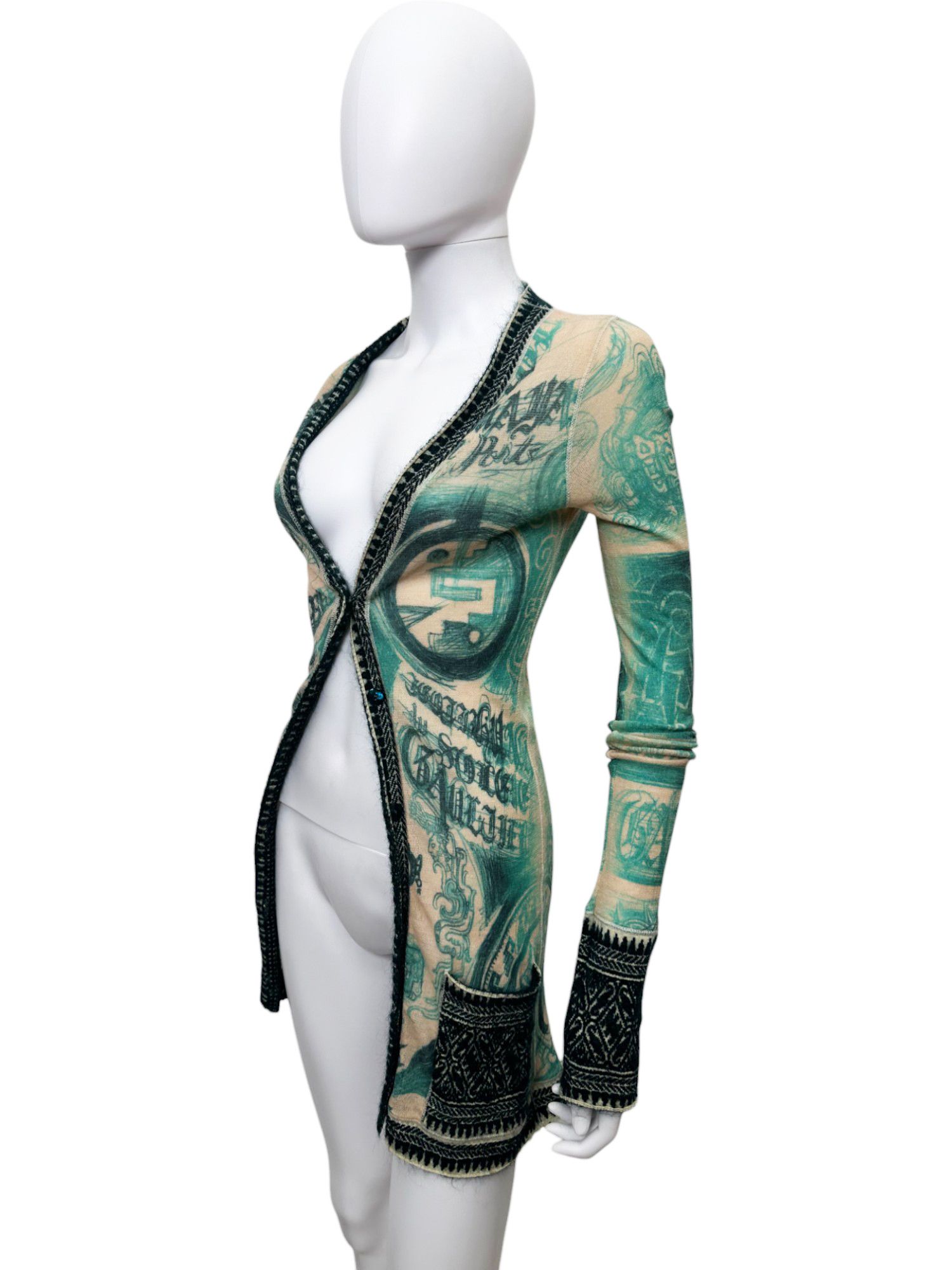 Jean Paul Gaultier 90's Tribal Acqua Green Wool Cardigan Size L / US 10 / IT 46 - 2 Thumbnail