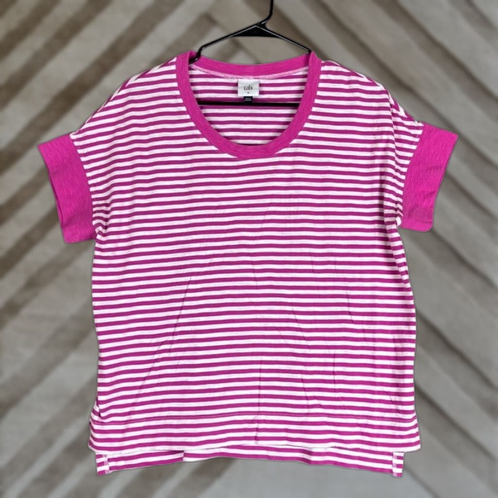 Vintage CAbi Shirt Pink White Striped Scoop Neck 100% Cotton Short Sleeve M Women Casual Workwear Modern Classic T-Shirt Size M / US 6-8 / IT 42-44 - 1 Thumbnail
