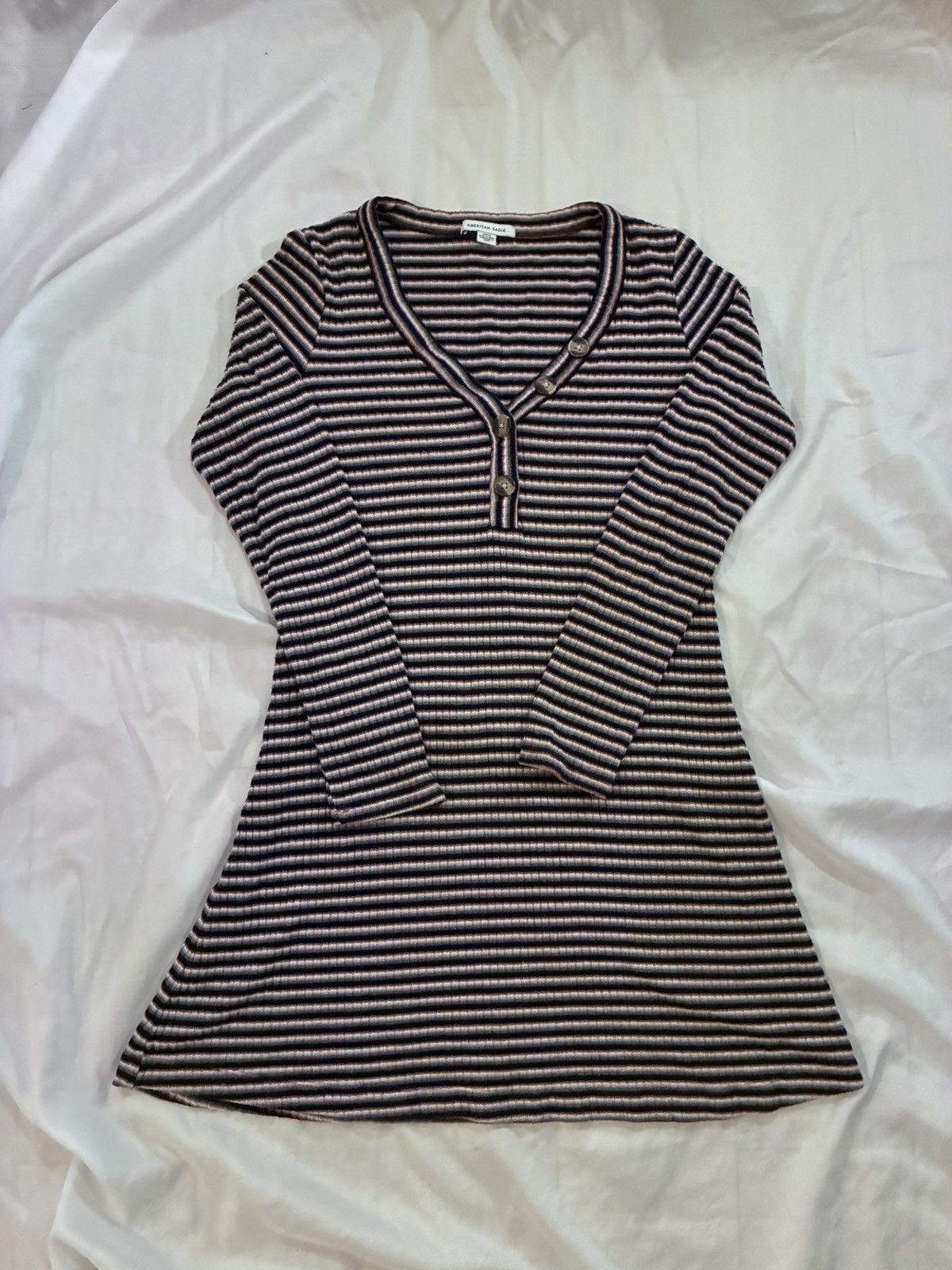 American Eagle Outfitters American Eagle Striped Soft Ribbed Fit & Flare Henley Dress Size M / US 6-8 / IT 42-44 - 3 Thumbnail