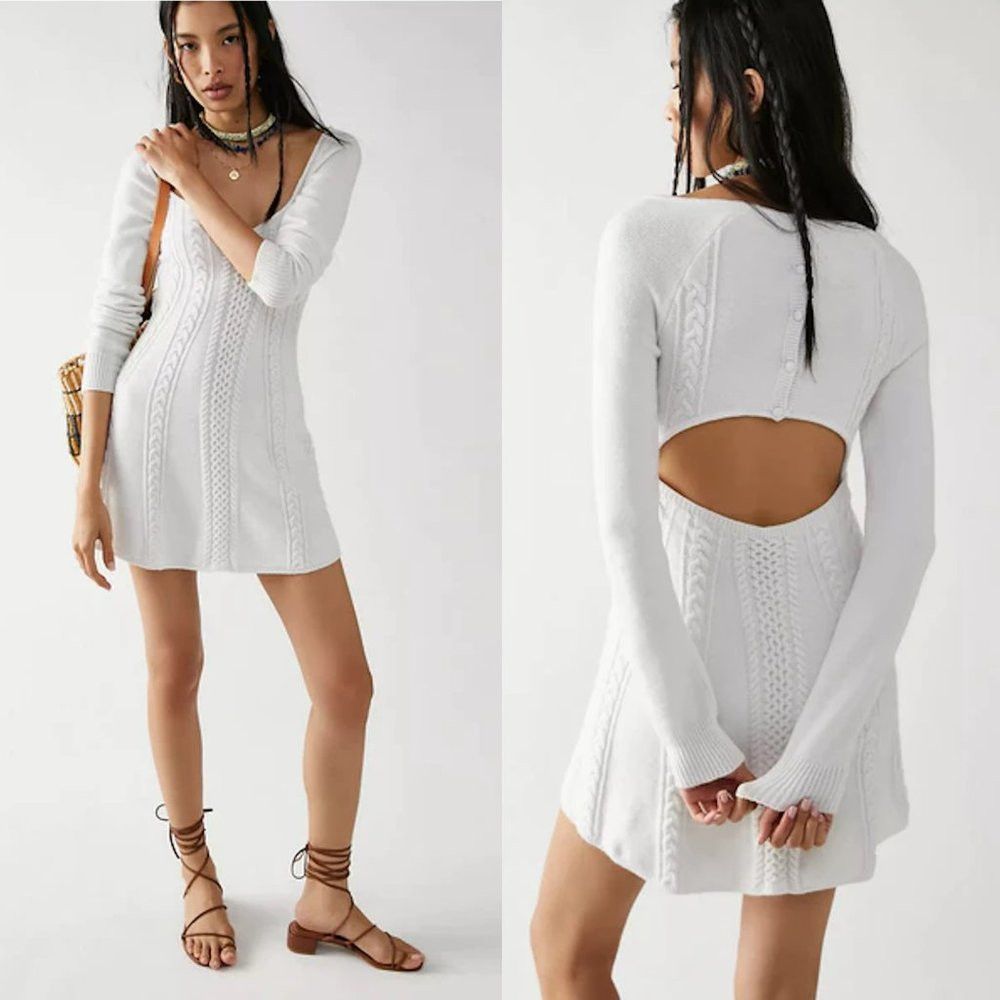 Free People New Free People Small World Sweater White Mini Dress Size L Size L / US 10 / IT 46 - 1 Thumbnail