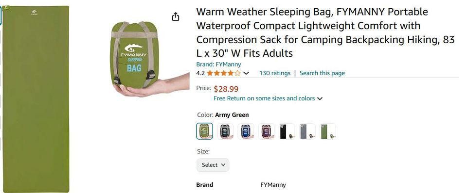 Designer Warm Weather Sleeping Bag Waterproof Compact Lightweight Size ONE SIZE - 2 Thumbnail