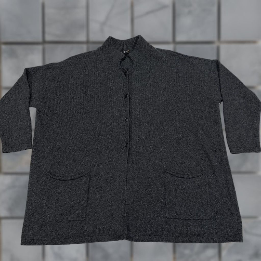 EILEEN FISHER Cardigan Sweater Womens XL Gray Cotton Cashmere Mock Neck Pockets