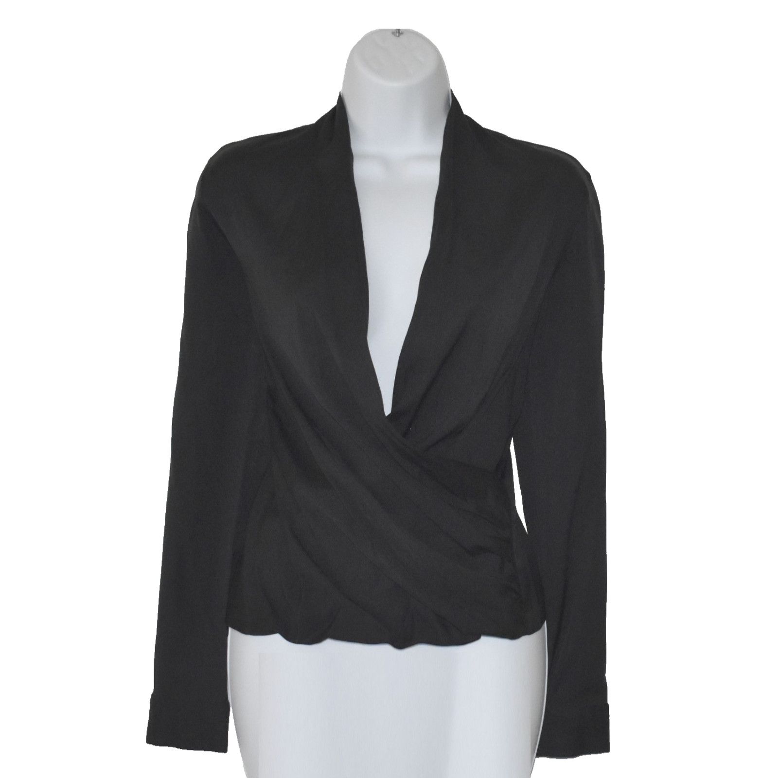 Theory THEORY Black Silk Blend Wrap Front Effect LS Blouse Top Sz P Size XS / US 0-2 / IT 36-38 - 1 Thumbnail