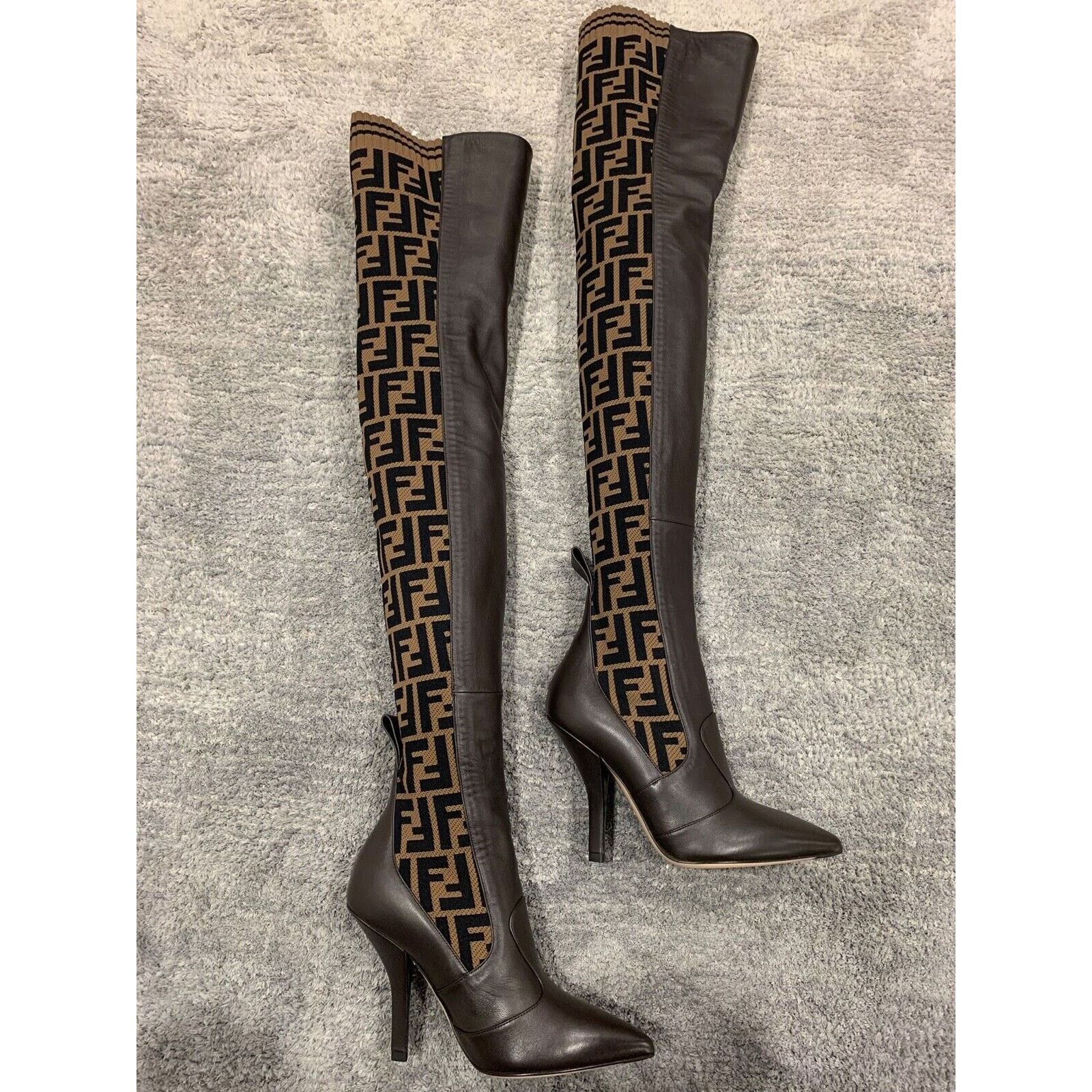 Fendi Fendi Rockoko Brown FF Logo Stretch Knit Sock Thigh High Size US 5 / IT 35 - 4 Thumbnail