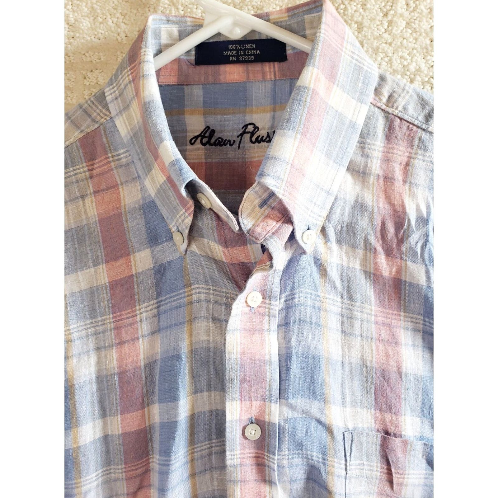 Vintage VINTAGE Alan Flusser 100% Linen Shirt Mens M Blue-Pink Plaid Short Sleeve Button Up Size US M / EU 48-50 / 2 - 5 Thumbnail