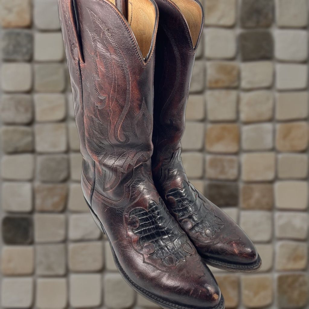 Vintage VINTAGE Lucchese Caiman Inlay Boots Men 9 EE Wide Black Cherry Leather VTG N1508J4 Size US 9 / EU 42 - 1 Thumbnail