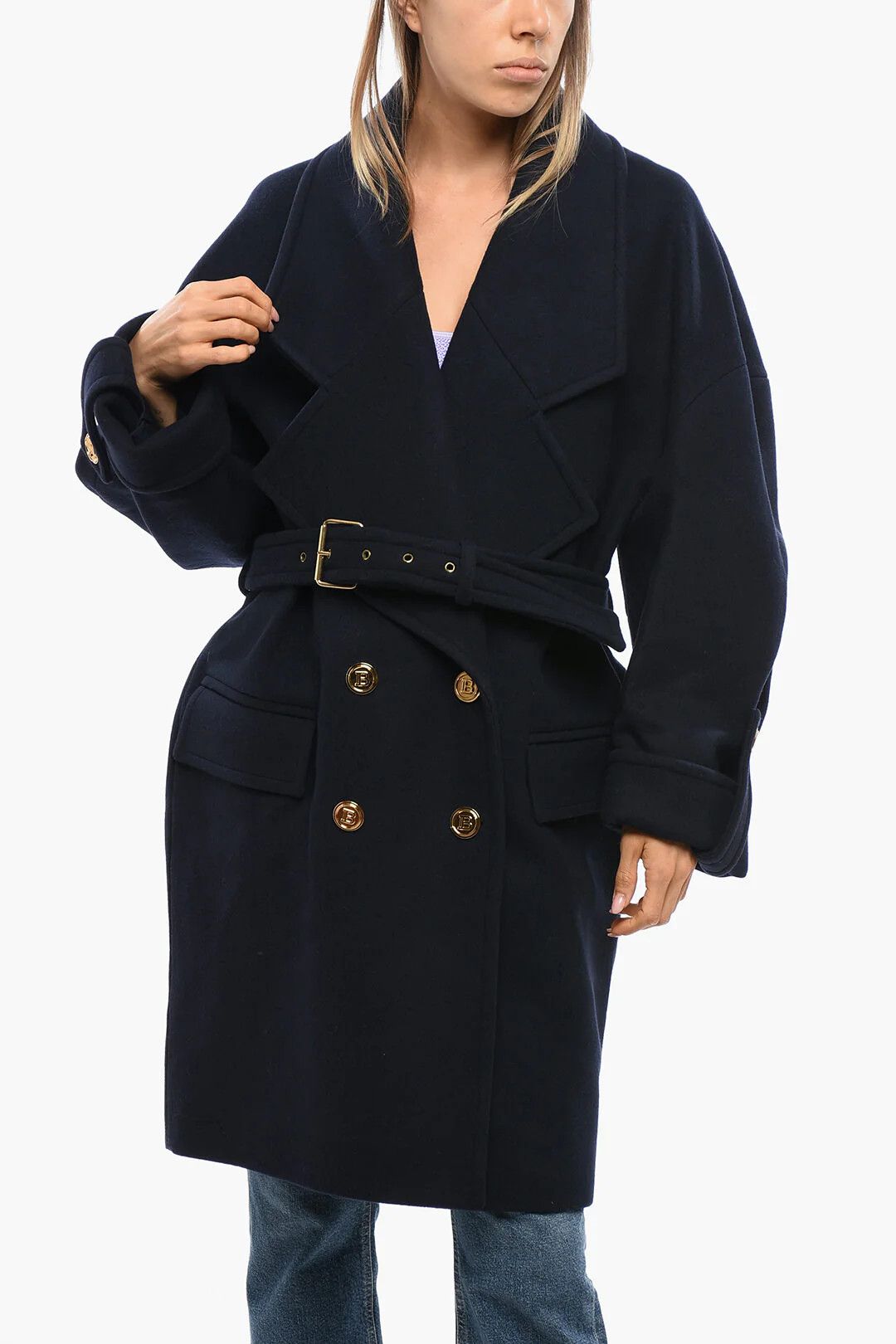Balmain og1mm0326 Wool-Blend Double-Breasted Coat in Blue Size M / US 6-8 / IT 42-44 - 1 Thumbnail