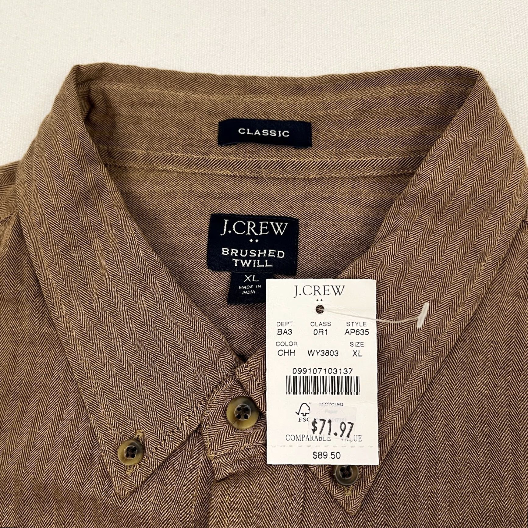J.Crew J. Crew Brushed Twill Cotton Shirt Mens XL Classic Fit Brown Button Down NEW Size US XL / EU 56 / 4 - 2 Thumbnail
