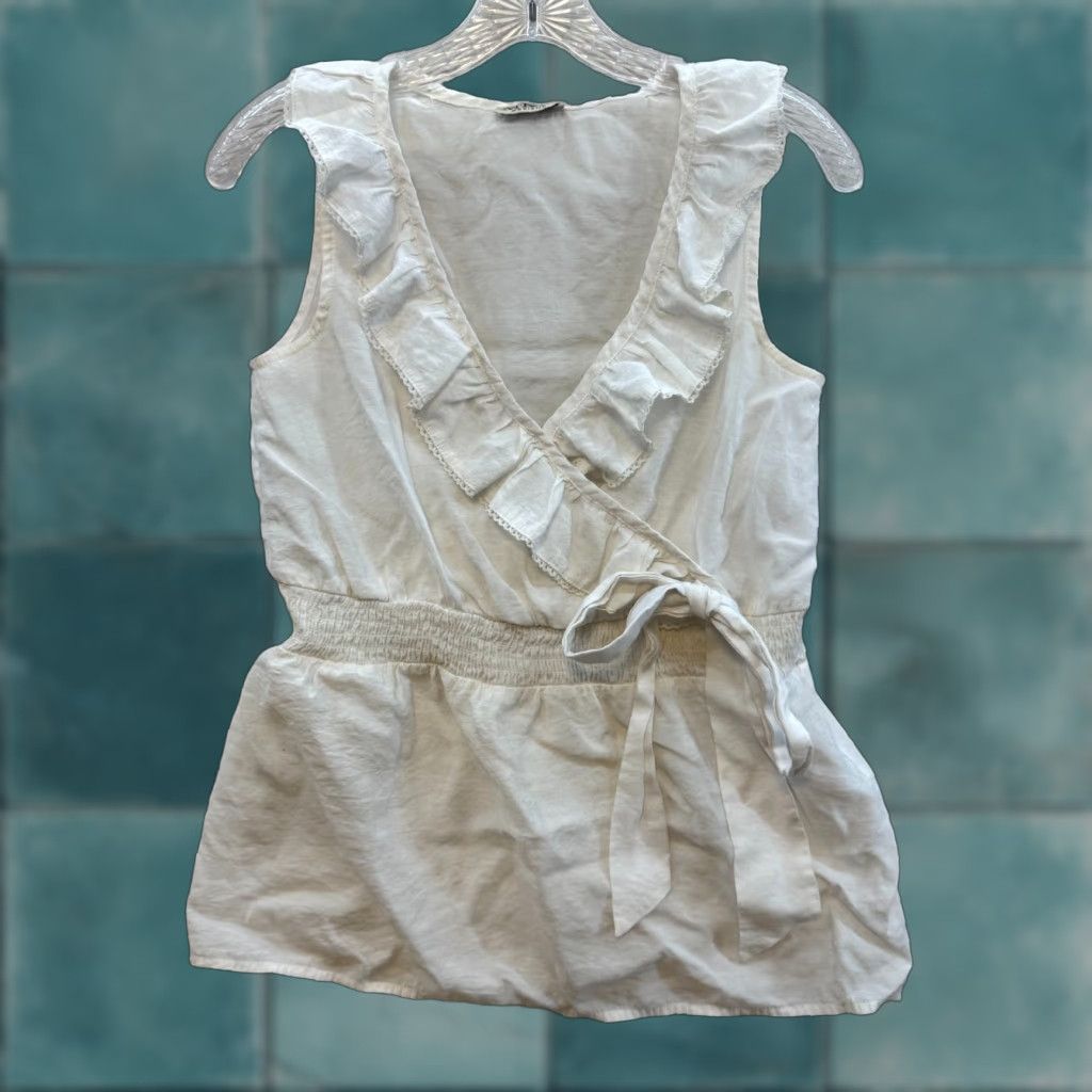 Vintage Y2K Vintage Shirt White M Boho Coquette Ruffle Sleeveless Wrap Fairy Regular MKM Womens/Girls (Size M) Size M / US 6-8 / IT 42-44 - 1 Thumbnail