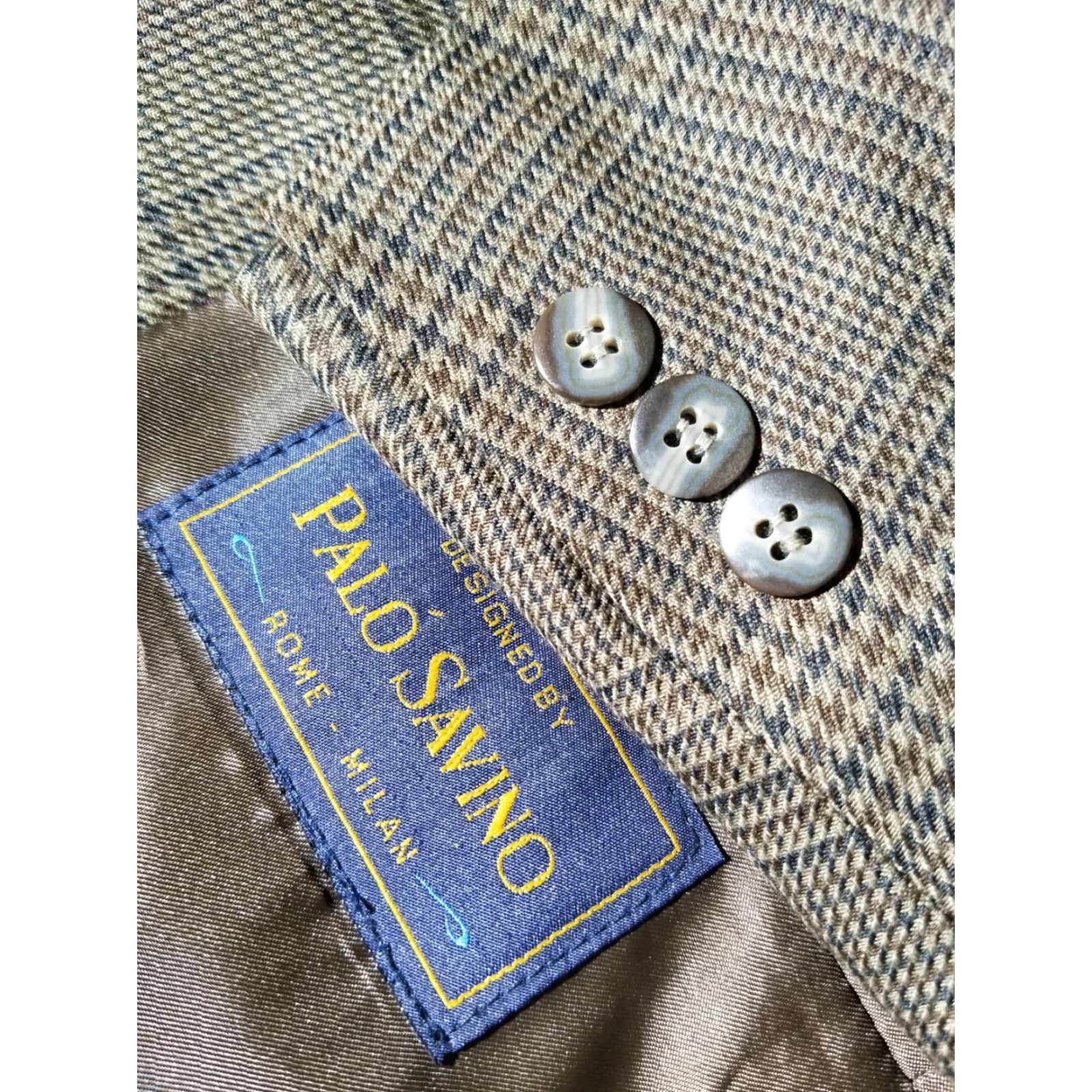 Vintage Palo Savino Sport Coat Blazer Jacket Plaid Wool Polyester Tweed Brown & Blue 2 Button Long Notch Lapel 48L Mens Regular Size 48R - 2 Thumbnail