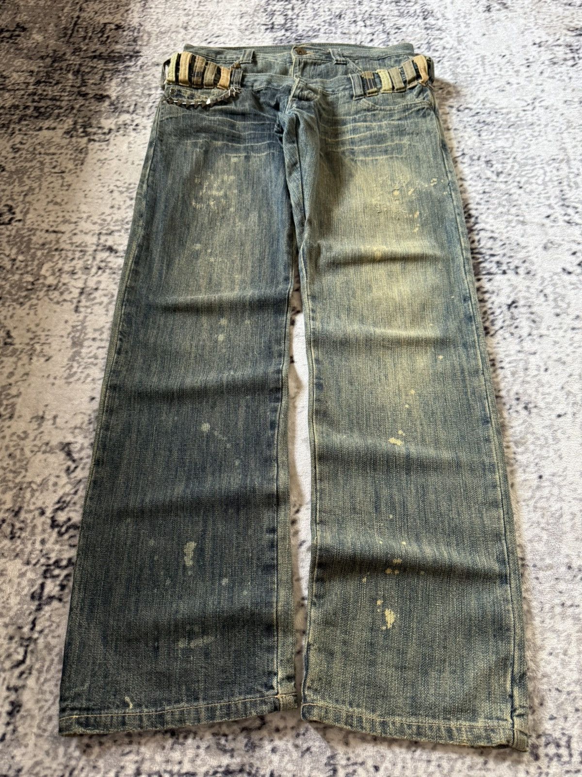 20471120 Gumu Japan Green Mud Wash Double Waist Double Studs Jeans Size US 32 / EU 48 - 1 Thumbnail