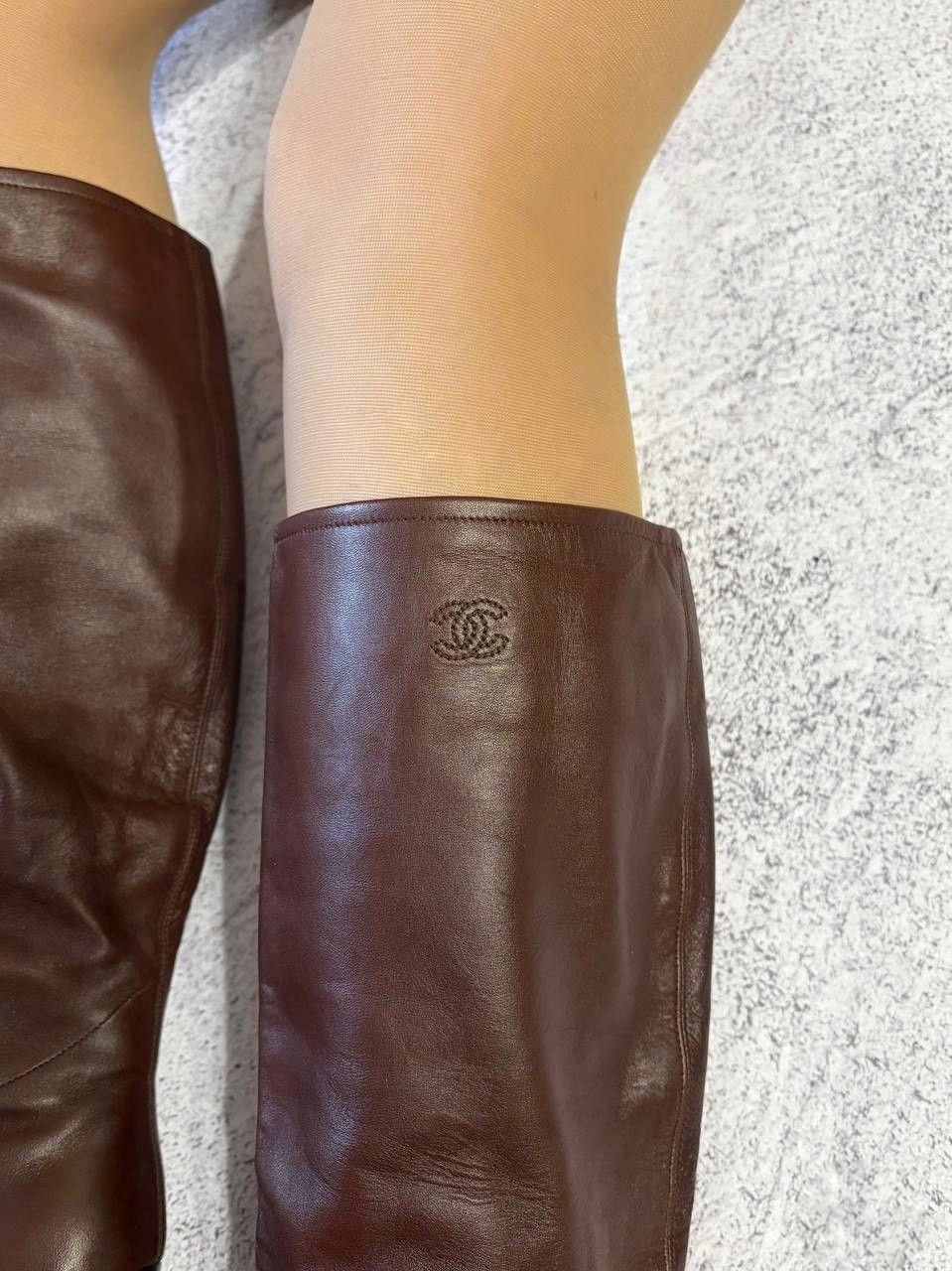 Chanel CHANEL Vintage CC Logo Brown Leather Knee High Boots Size US 5.5 / IT 35.5 - 4 Thumbnail