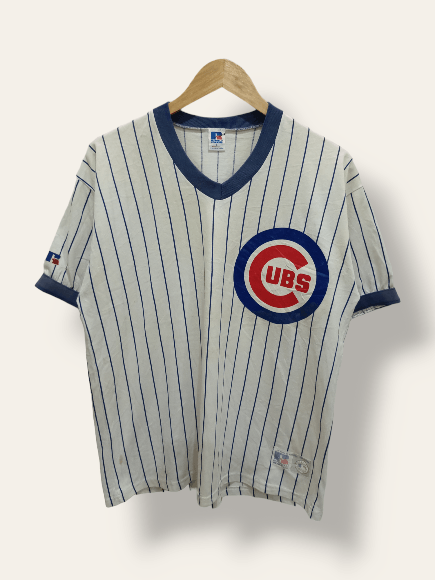 image of Nfl x Russell Athletic Vintage 90's Chicago Cubs Russell Athletic Pinstripe Tee in White (Size Larg